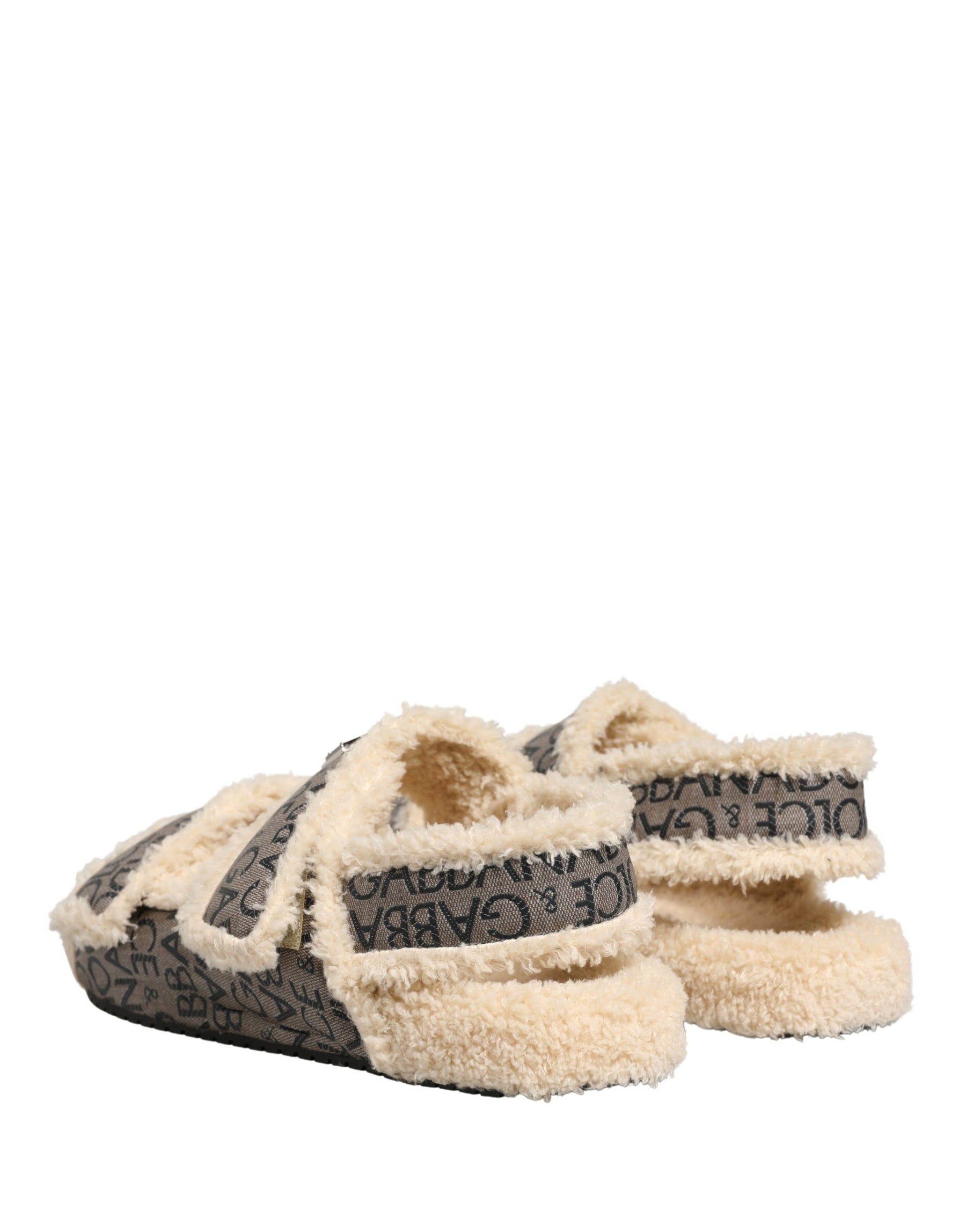 Dolce & Gabbana Beige Faux Fur Logo Print Flats Sandals Shoes | Regal Royce