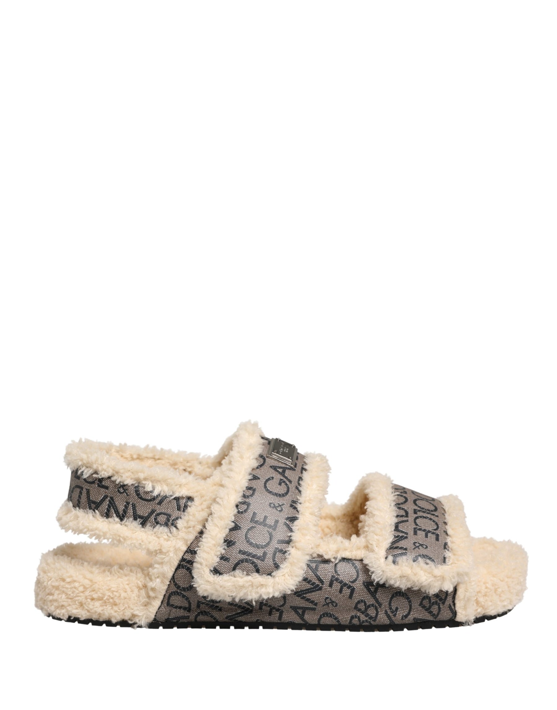 Dolce & Gabbana Beige Faux Fur Logo Print Flats Sandals Shoes | Regal Royce