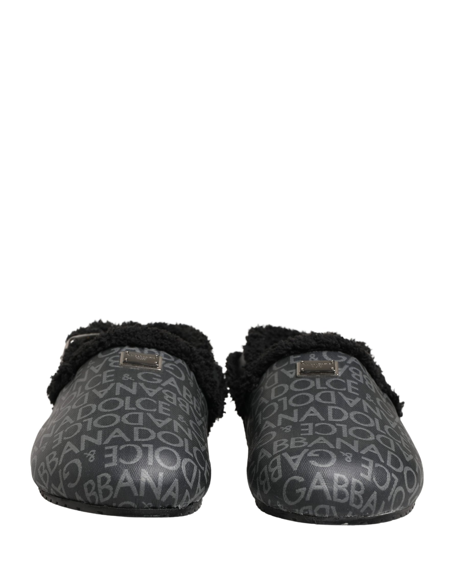 Dolce & Gabbana Gray Faux Fur Jacquard Mules Sandals Shoes | Regal Royce