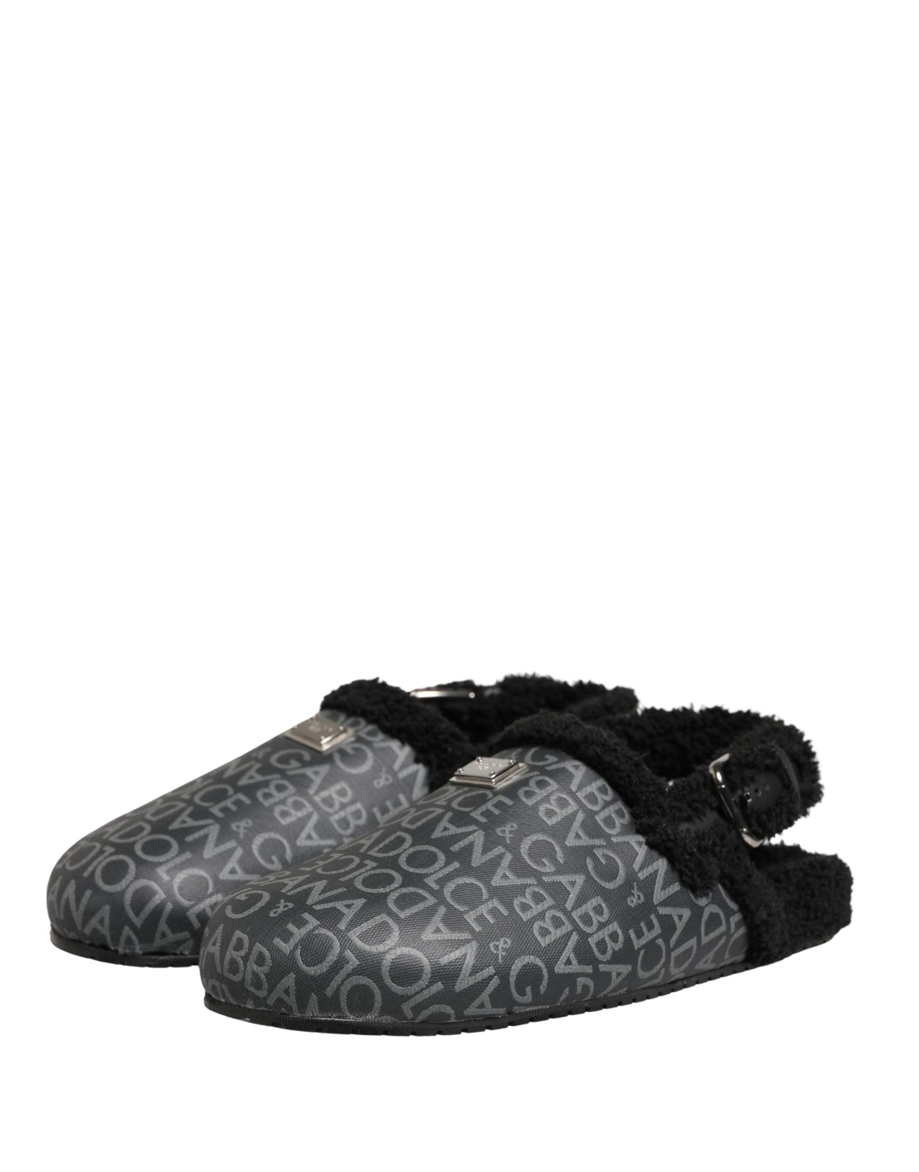 Dolce & Gabbana Gray Faux Fur Jacquard Mules Sandals Shoes | Regal Royce