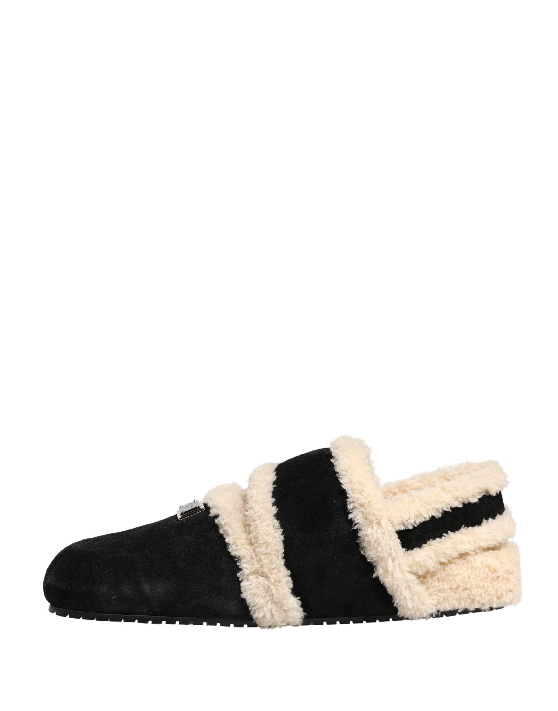 Dolce & Gabbana Beige Black Faux Fur Flats Men Sandals Shoes | Regal Royce