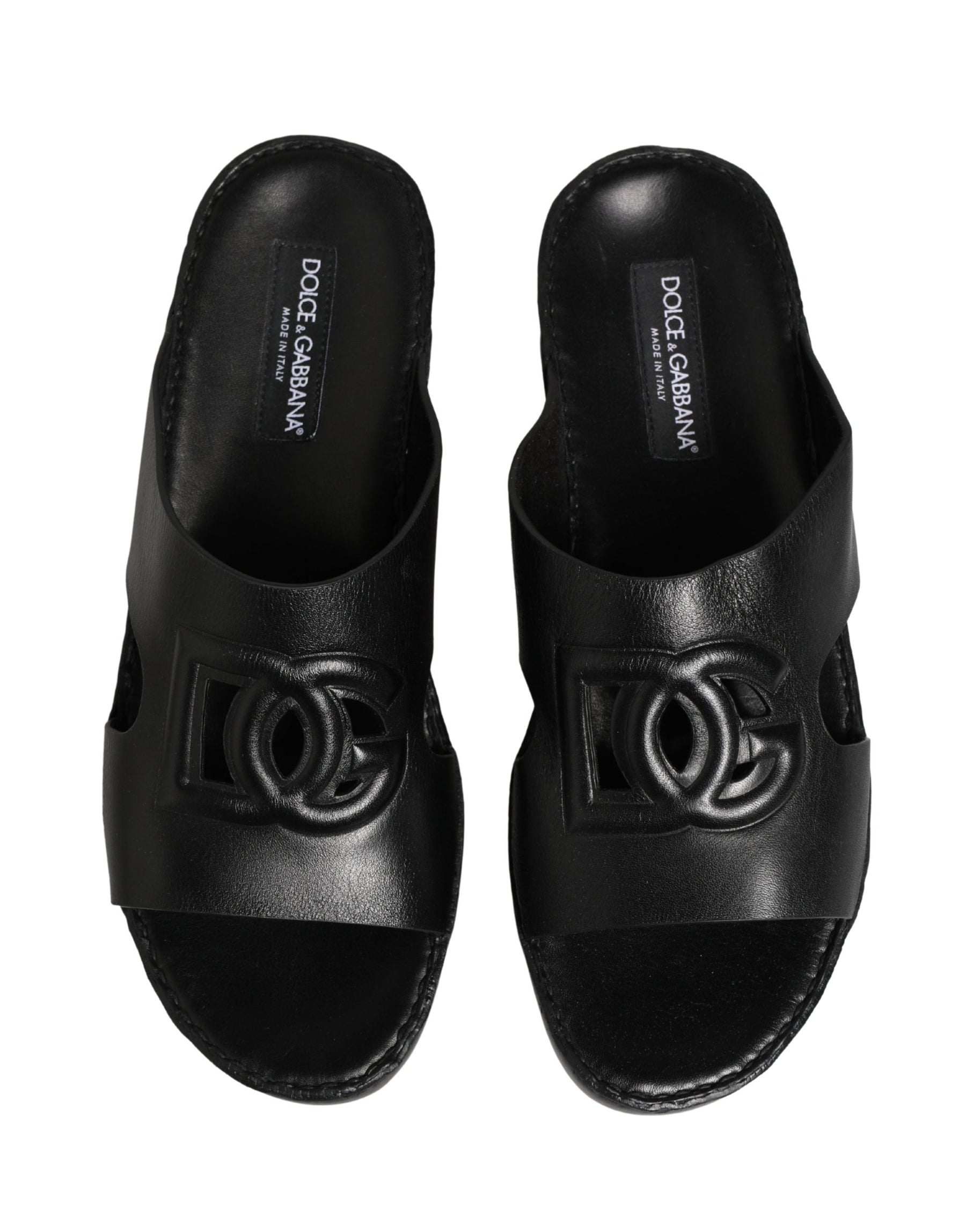 Dolce & Gabbana Black Leather Cutout DG Logo Sandals Shoes | Regal Royce