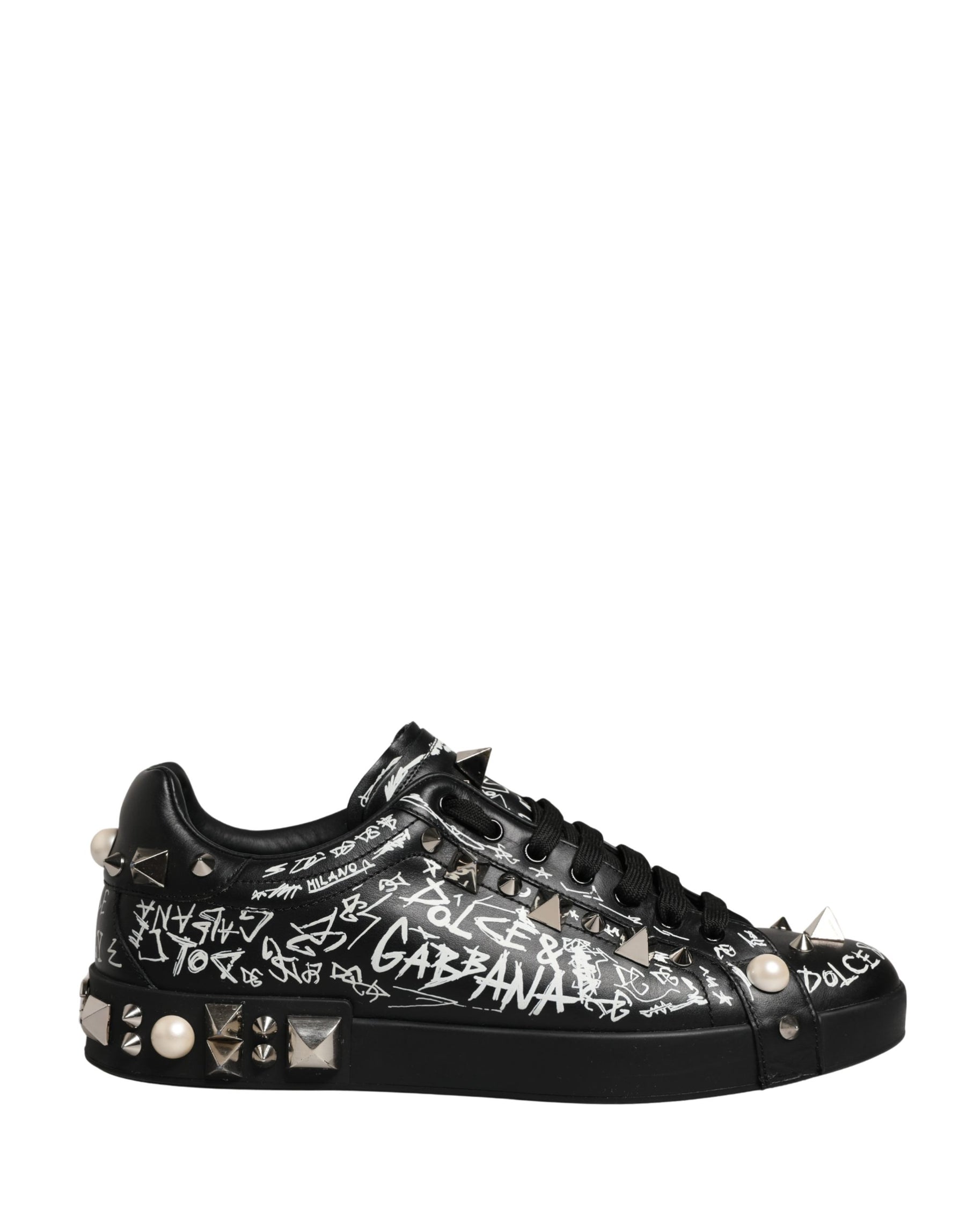 Dolce & Gabbana Black Portofino Graffiti Stud Sneakers Shoes | Regal Royce