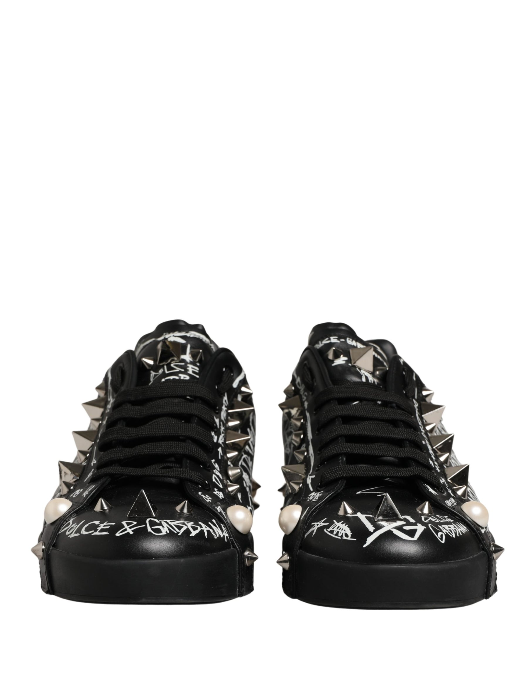 Dolce & Gabbana Black Portofino Graffiti Stud Sneakers Shoes | Regal Royce