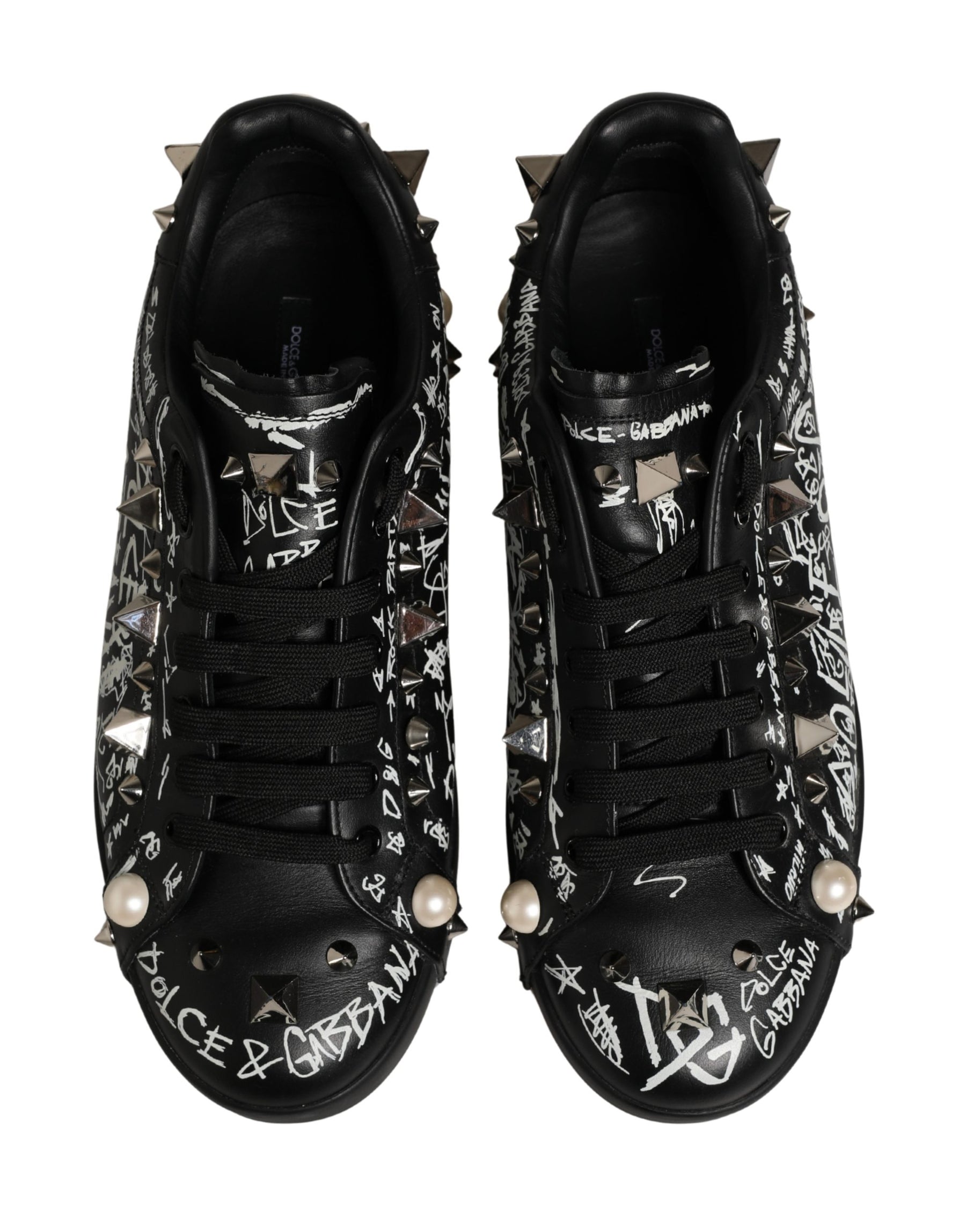 Dolce & Gabbana Black Portofino Graffiti Stud Sneakers Shoes | Regal Royce