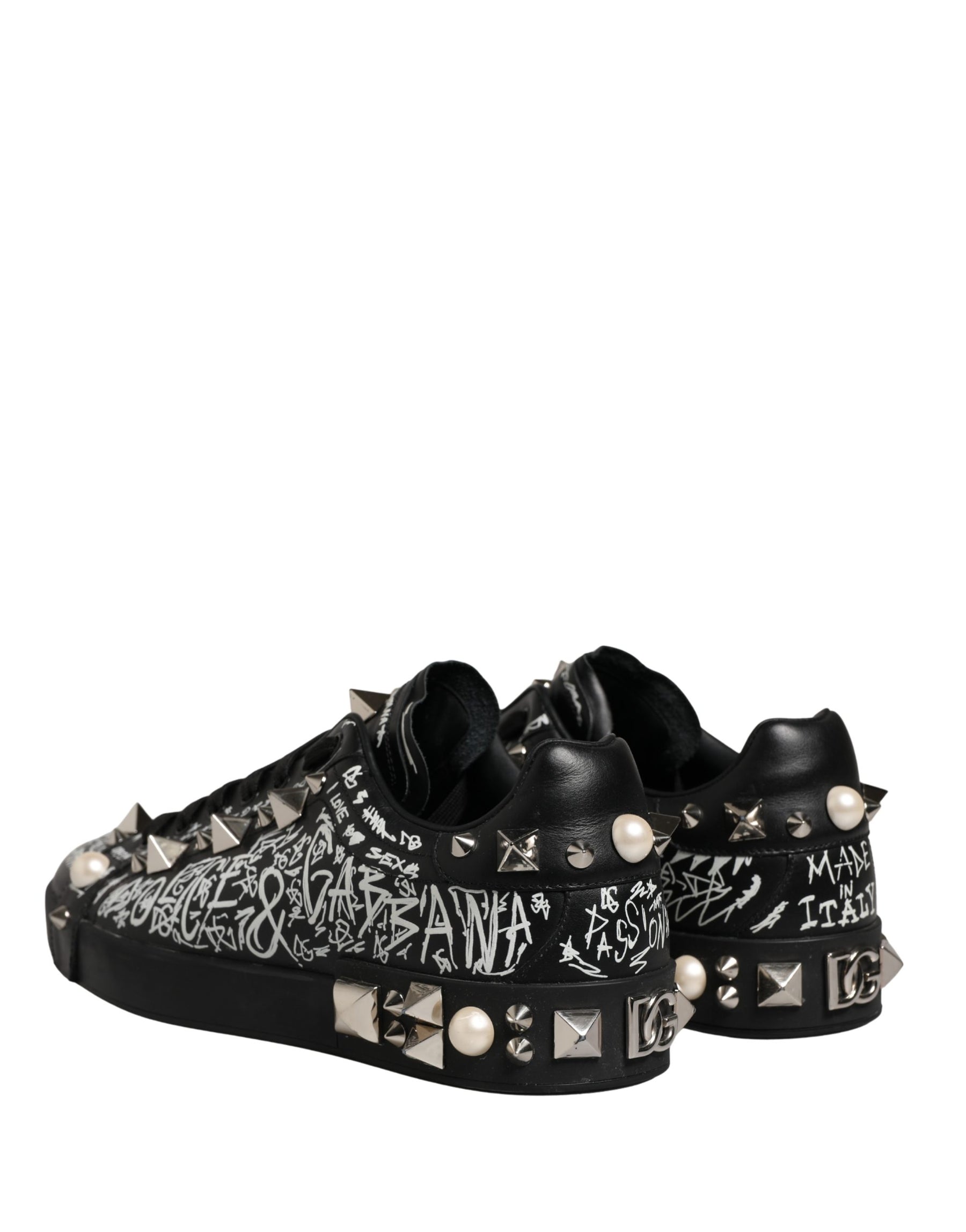 Dolce & Gabbana Black Portofino Graffiti Stud Sneakers Shoes | Regal Royce