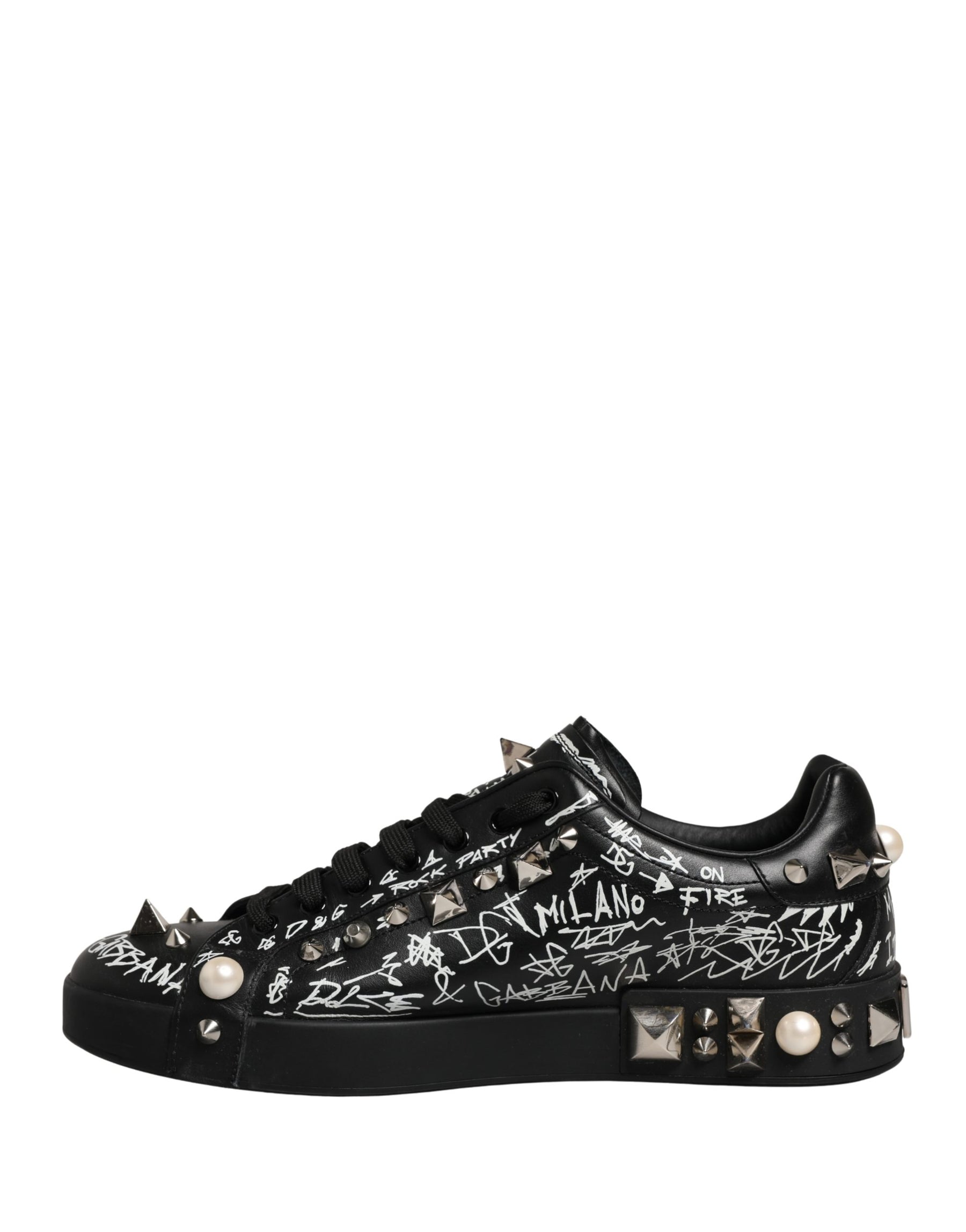 Dolce & Gabbana Black Portofino Graffiti Stud Sneakers Shoes | Regal Royce