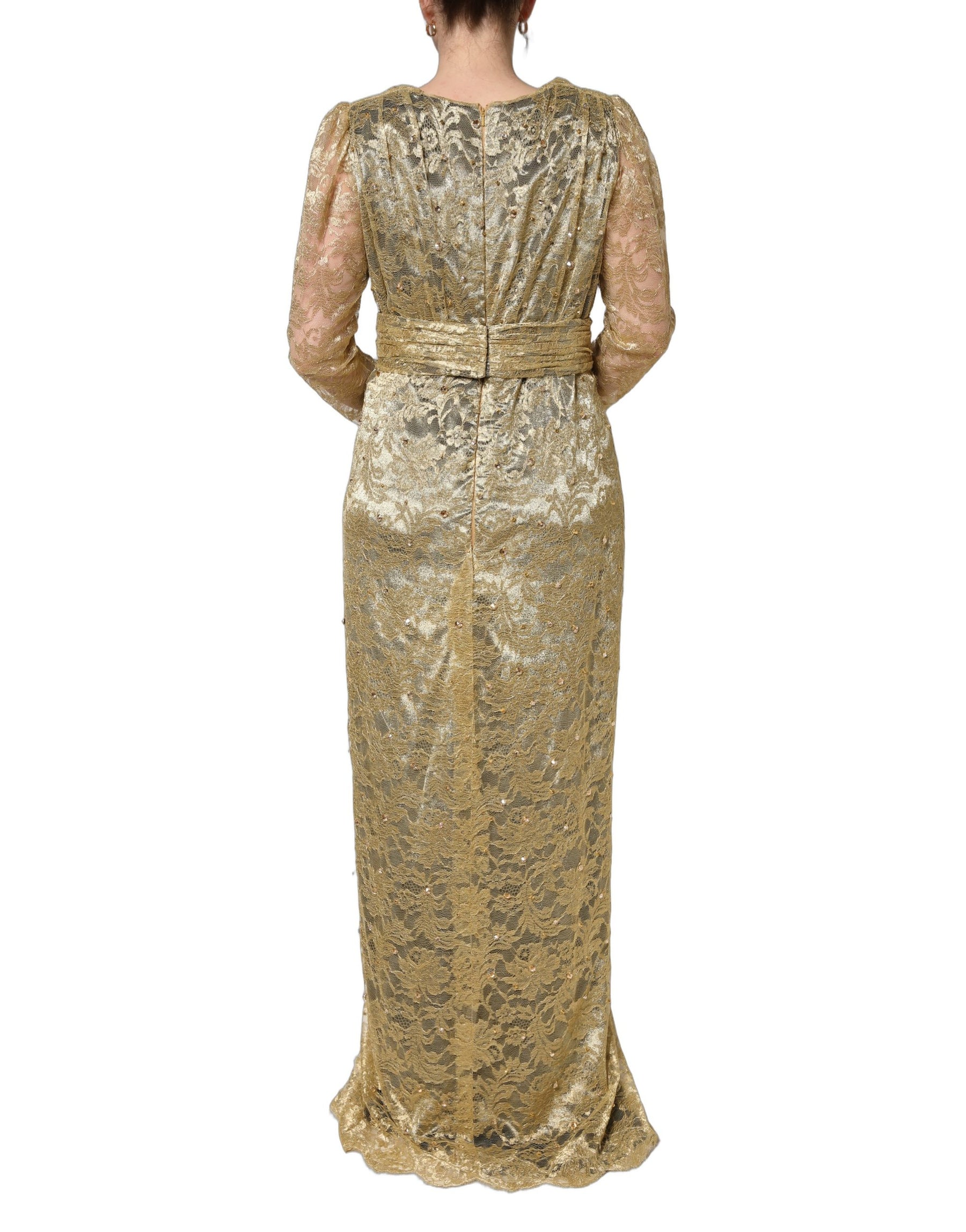 Dolce & Gabbana Gold Sheer Lace Crystal Embellished Dress | Regal Royce
