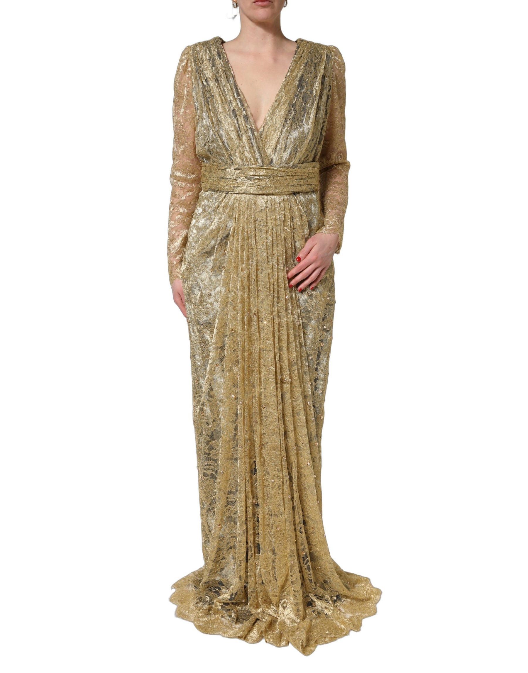 Dolce & Gabbana Gold Sheer Lace Crystal Embellished Dress | Regal Royce