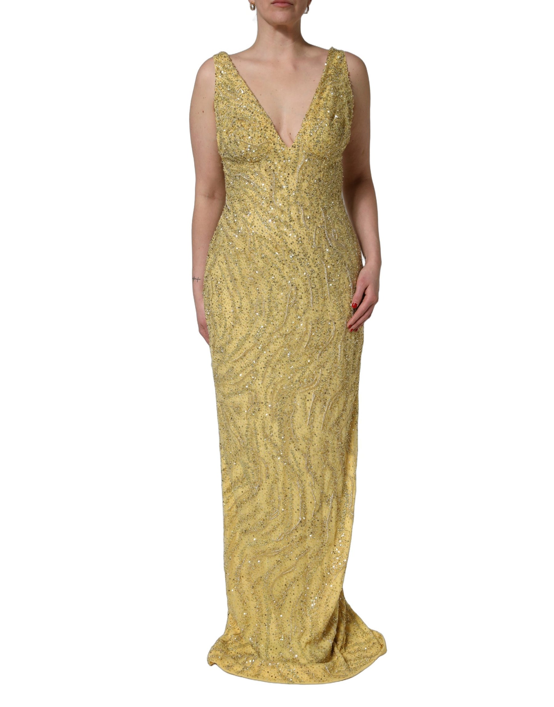 Dolce & Gabbana Gold V-neckline Mermaid Sequinned Gown Dress | Regal Royce