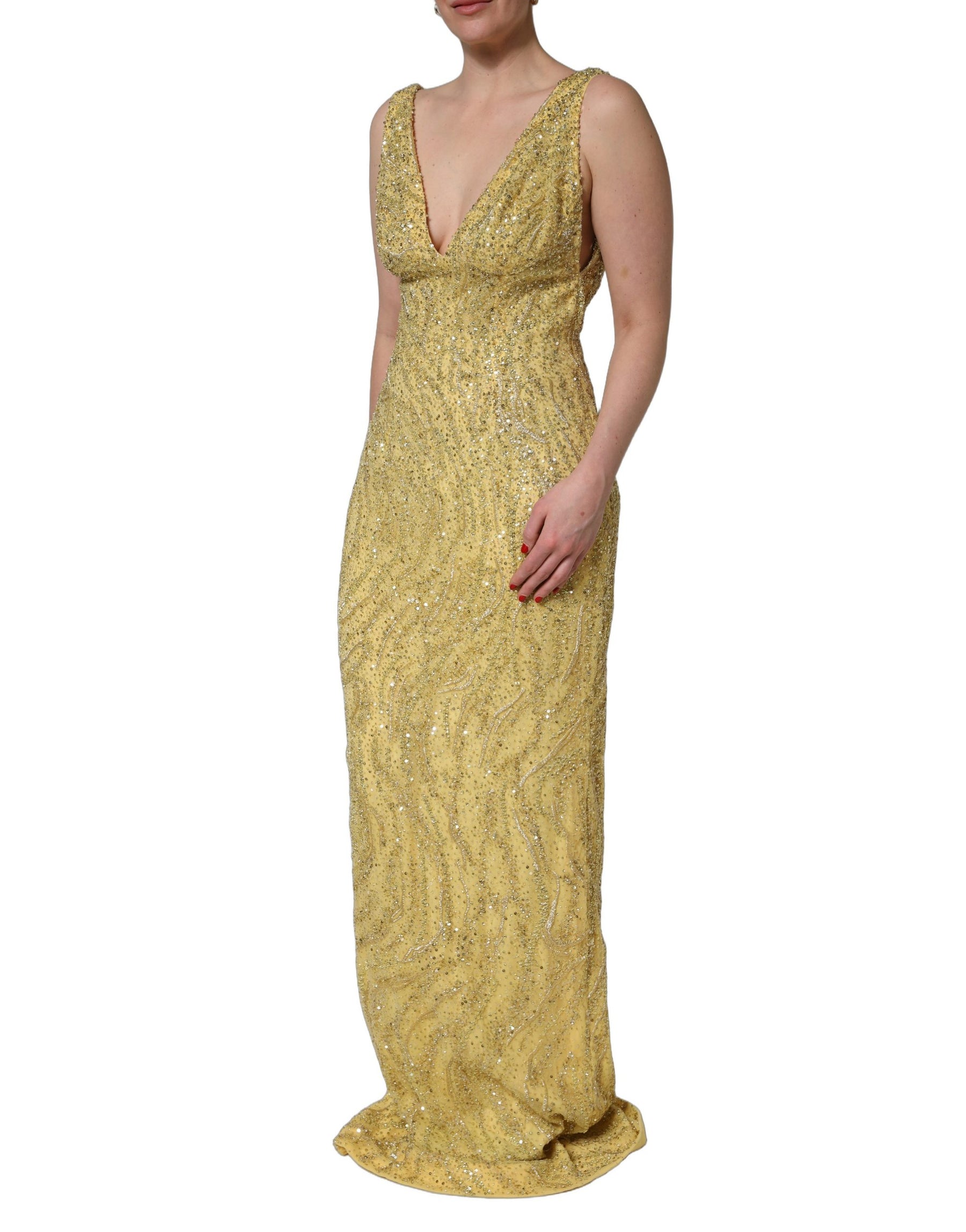 Dolce & Gabbana Gold V-neckline Mermaid Sequinned Gown Dress | Regal Royce