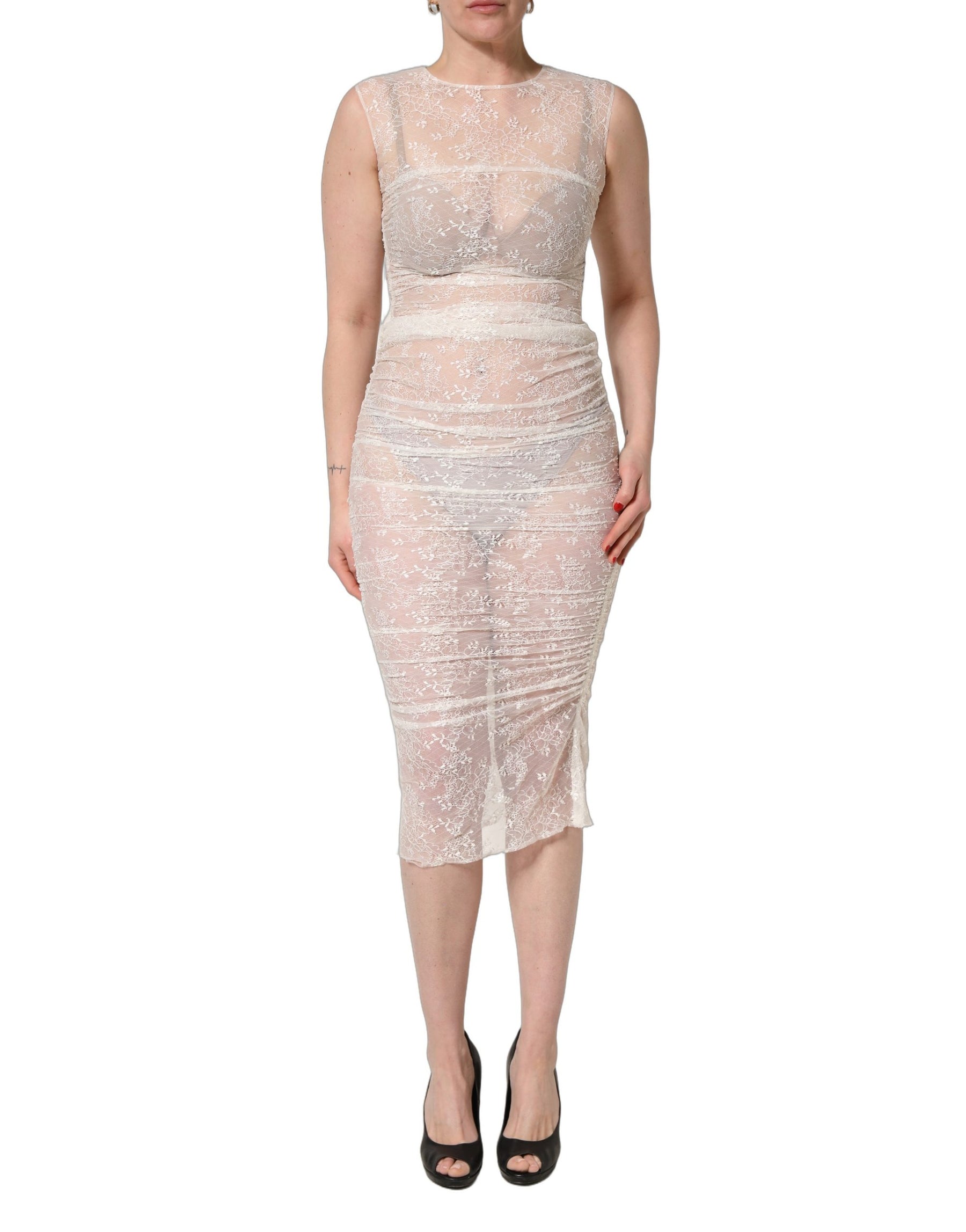 Dolce & Gabbana White Floral Lace Sheer Sleeveless Midi Dress | Regal Royce