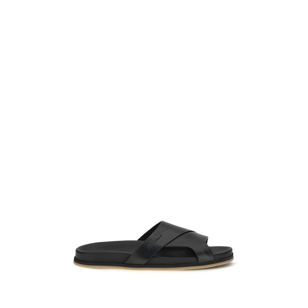 Santoni Black Calf Leather Bos Taurus Flat Sandals | Regal Royce