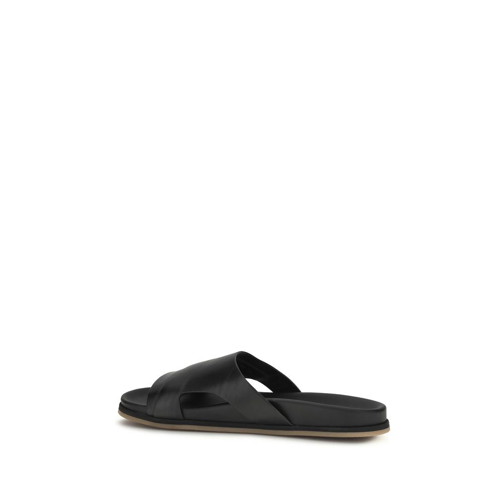 Santoni Black Calf Leather Bos Taurus Flat Sandals | Regal Royce