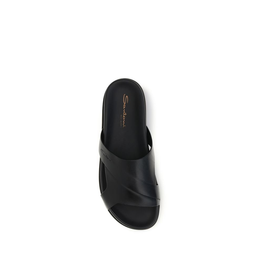 Santoni Black Calf Leather Bos Taurus Flat Sandals | Regal Royce
