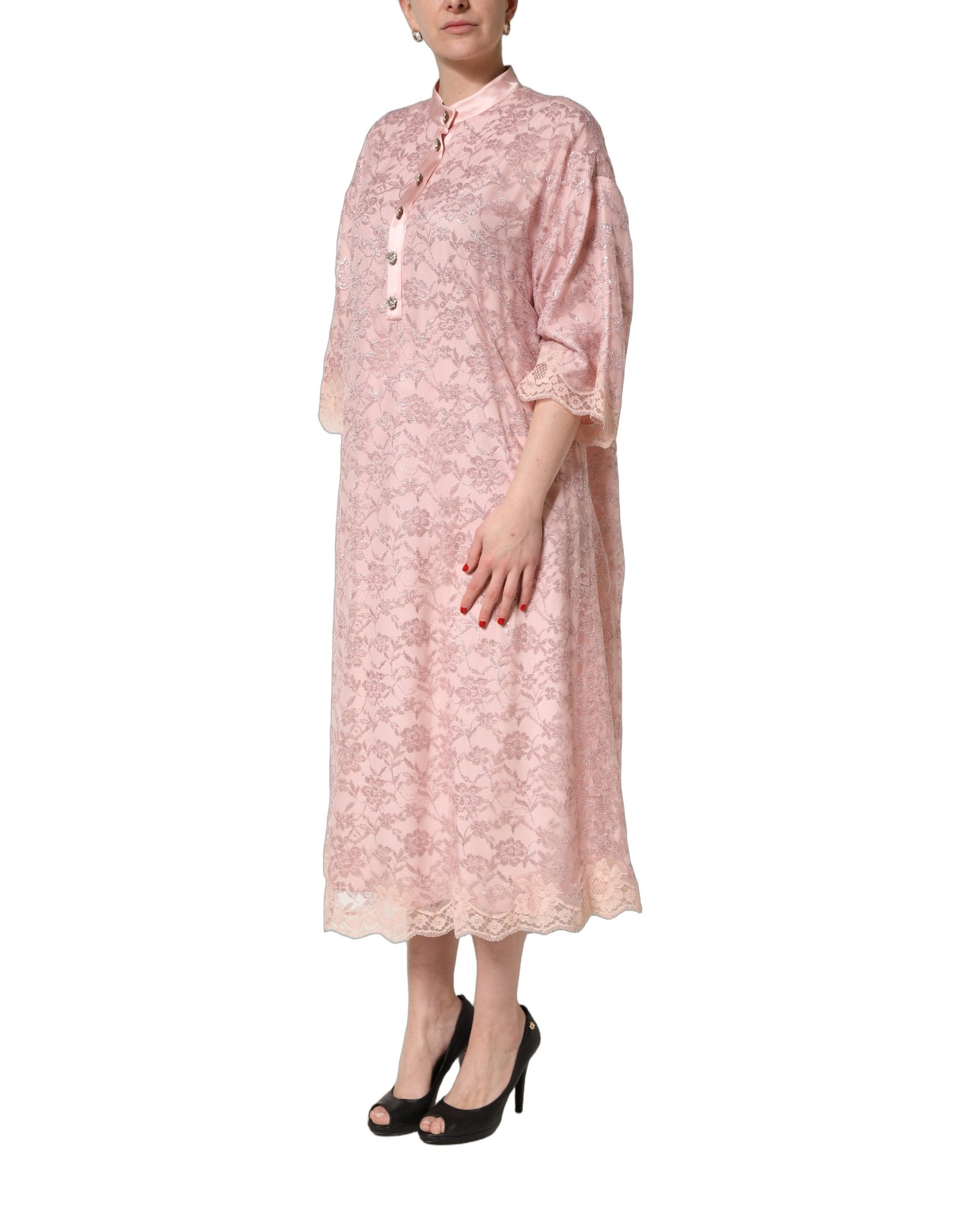 Dolce & Gabbana Pink Corded Floral Lace Kaftan Midi Dress | Regal Royce