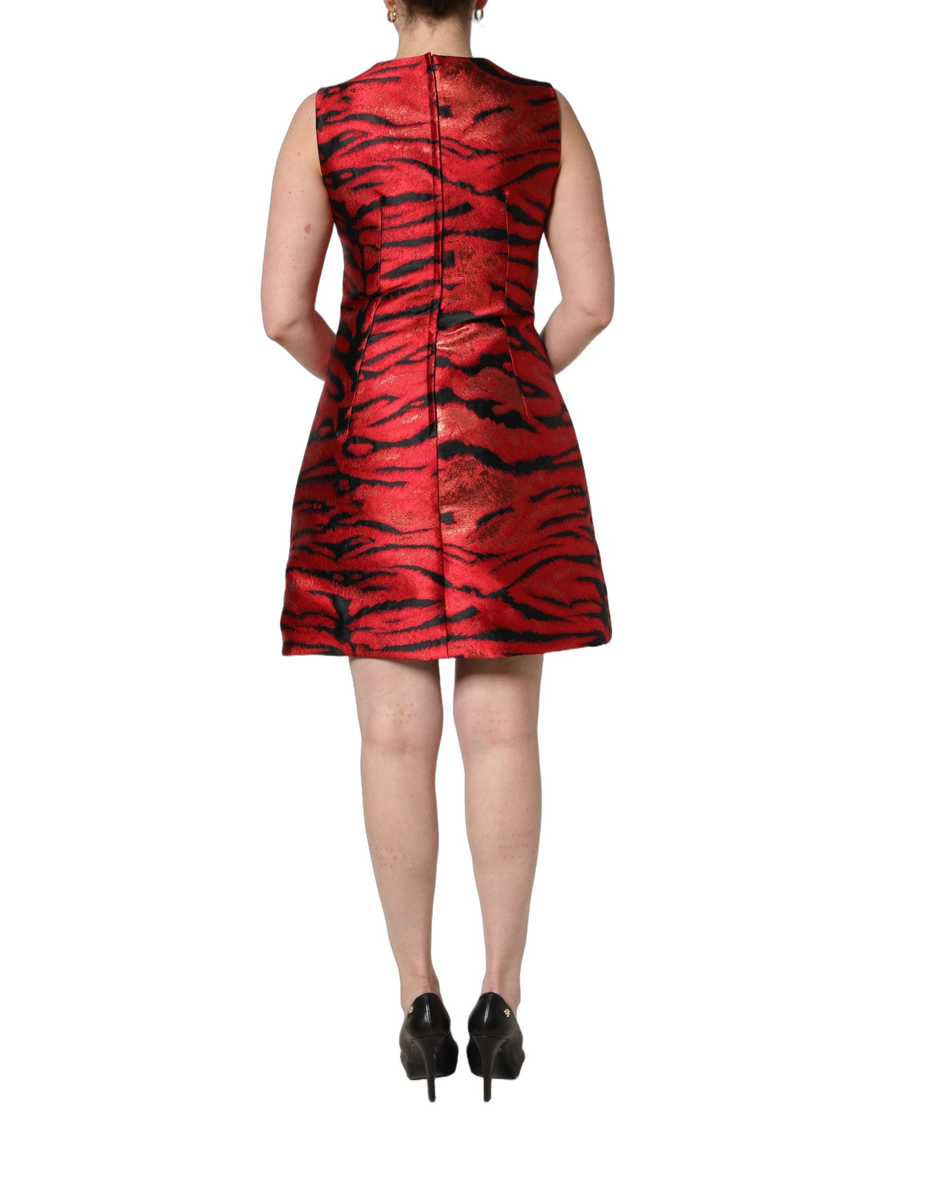 Dolce & Gabbana Red Black Tiger Print Jacquard Flared Dress | Regal Royce