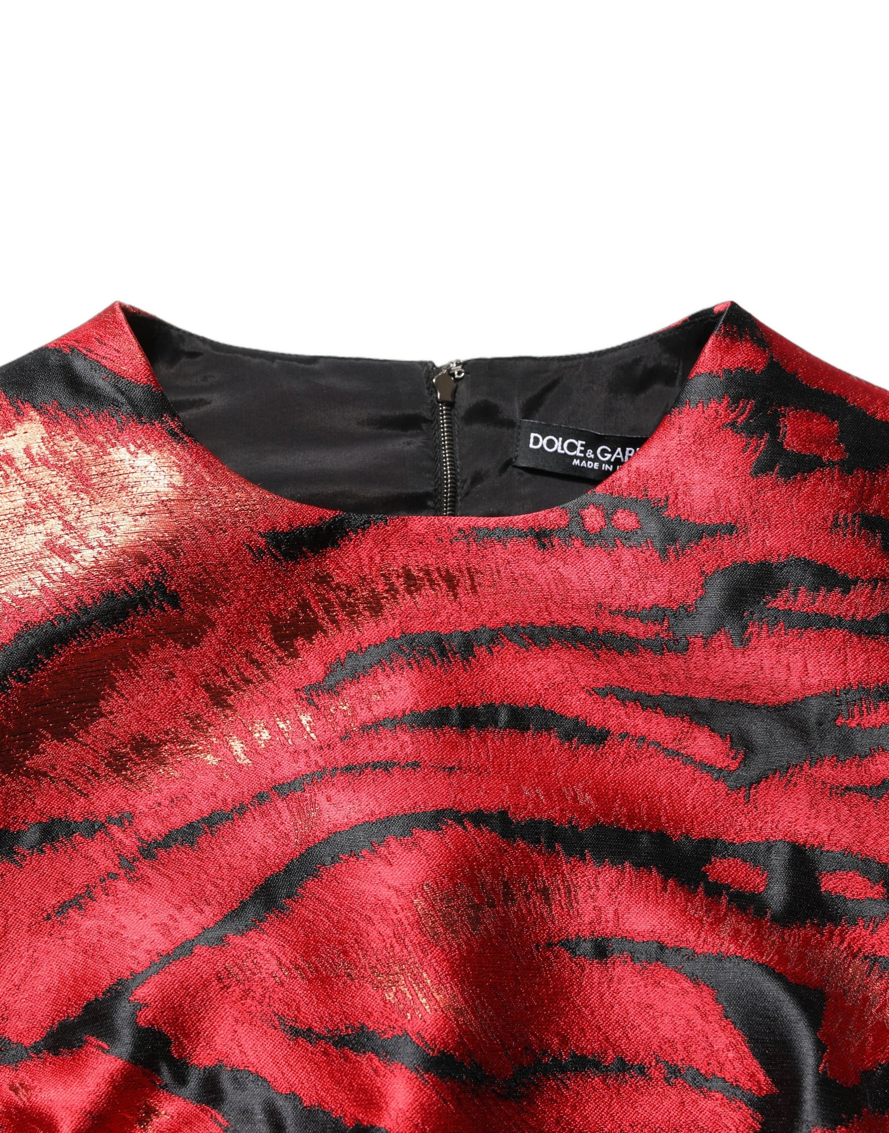 Dolce & Gabbana Red Black Tiger Print Jacquard Flared Dress | Regal Royce