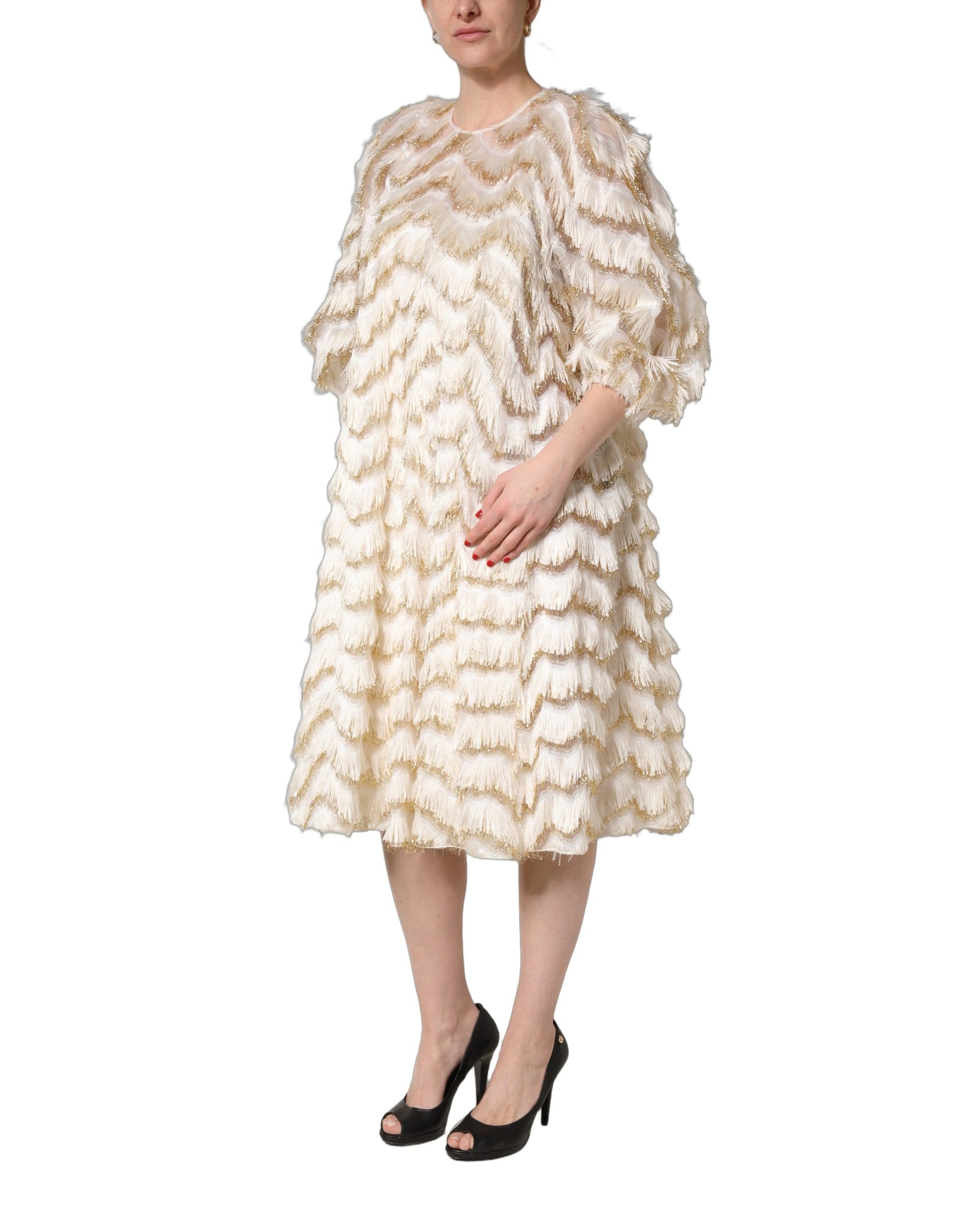 Dolce & Gabbana Ivory Fringe Layered Shift Midi Dress | Regal Royce