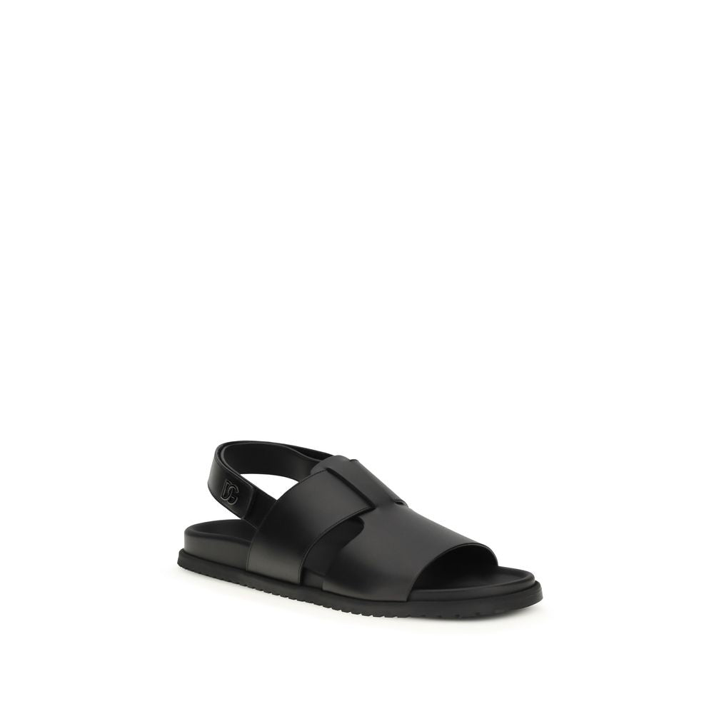 Dolce & Gabbana Black Calf Leather Bos Taurus Flat Sandals | Regal Royce