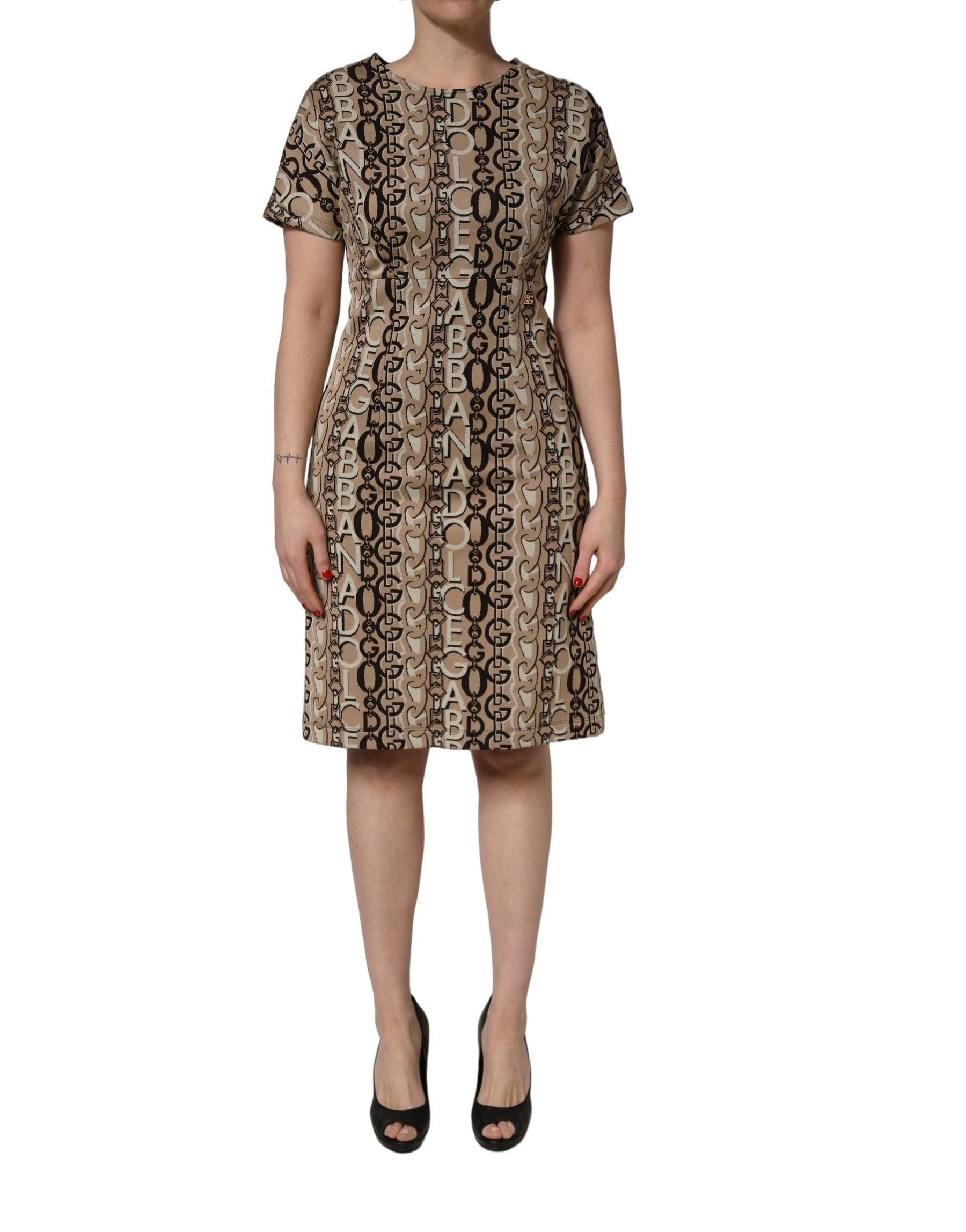 Dolce & Gabbana Brown DG Logo Chain Short-Sleeve Sheath Dress | Regal Royce