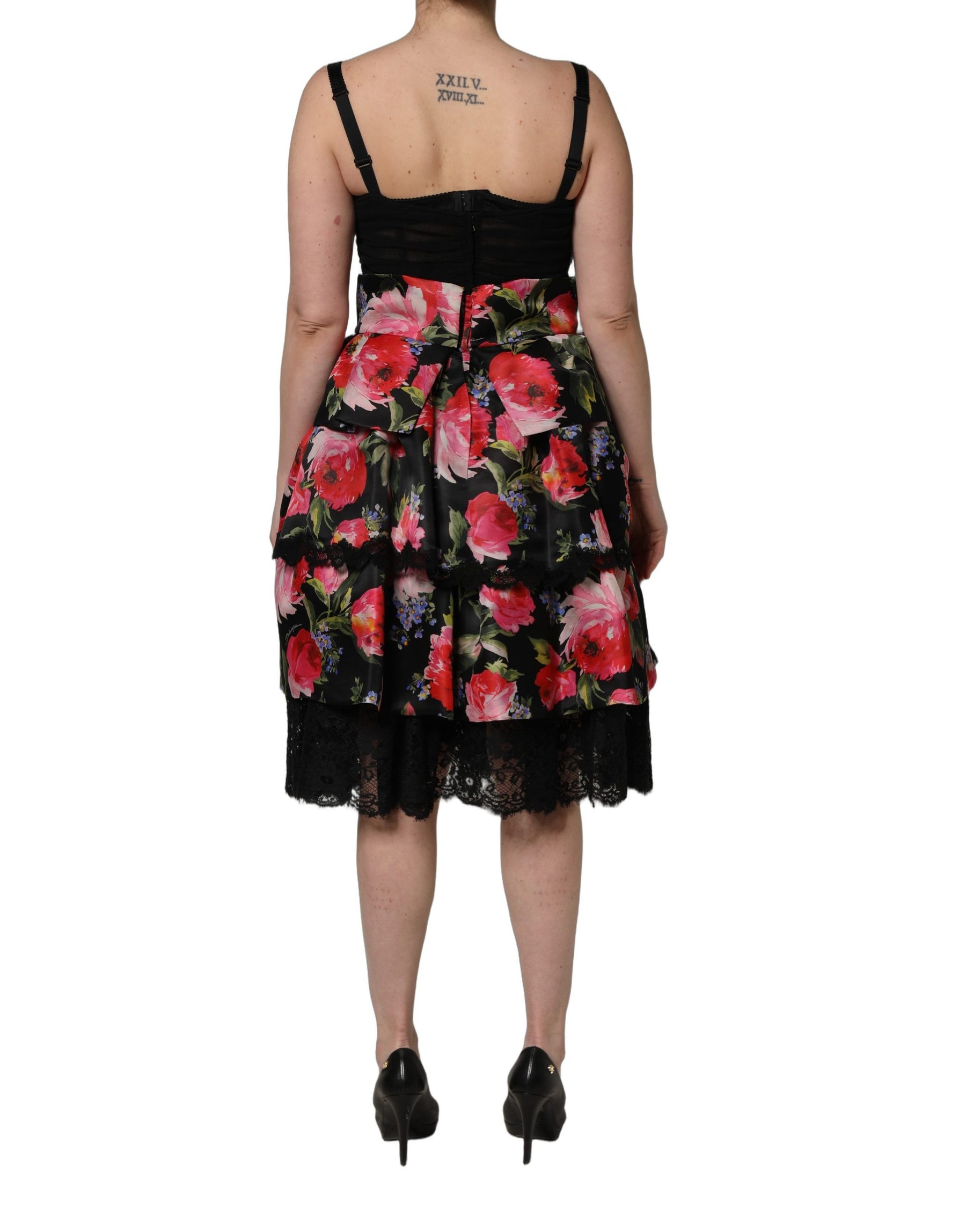 Dolce & Gabbana Black Sleeveless Bustier Floral Print Tiered Dress | Regal Royce