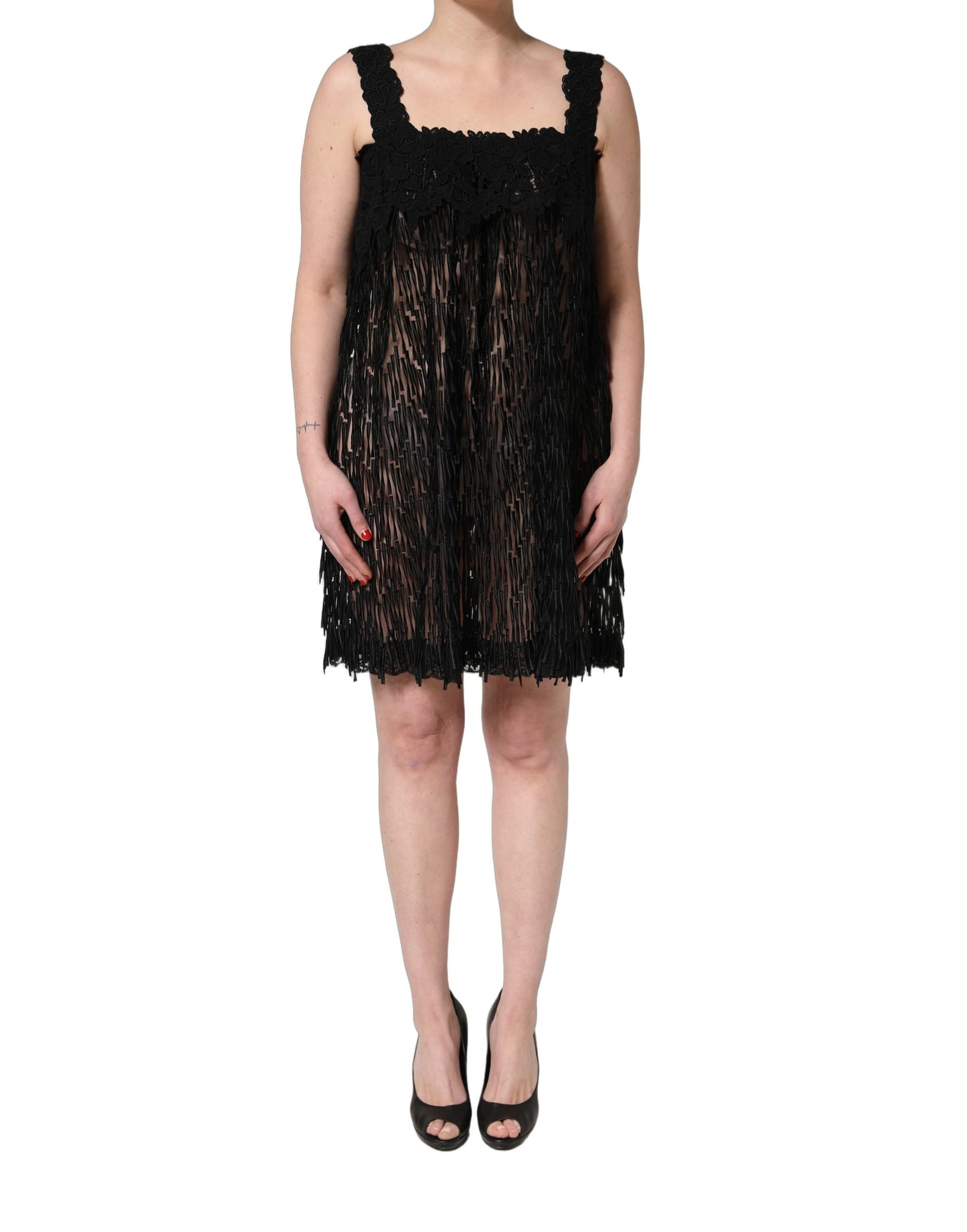 Dolce & Gabbana Black Viscose Fringed Sleeveless Mini Dress | Regal Royce