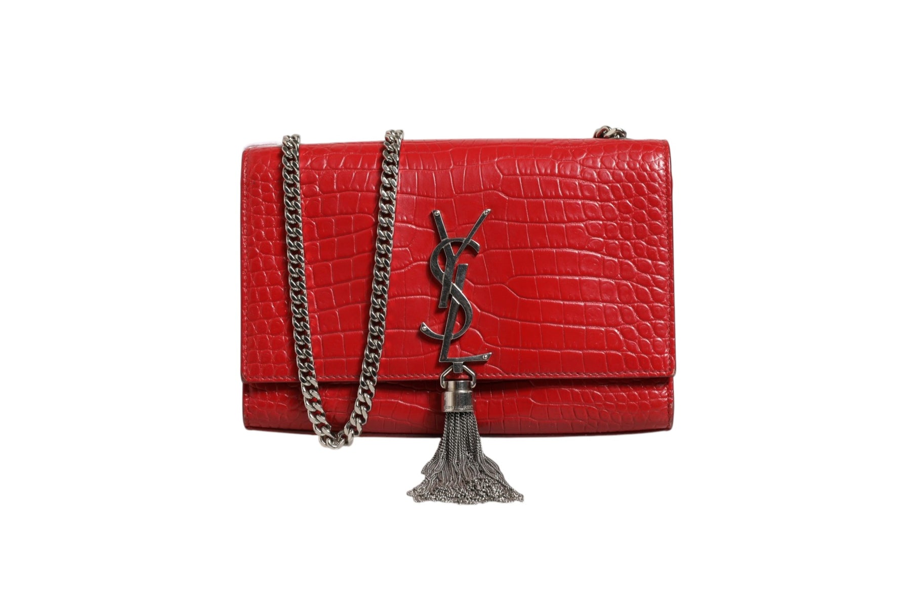 Saint Laurent Kate Tassel Chain Bag in Red Crocodile Embossed Leather | Regal Royce