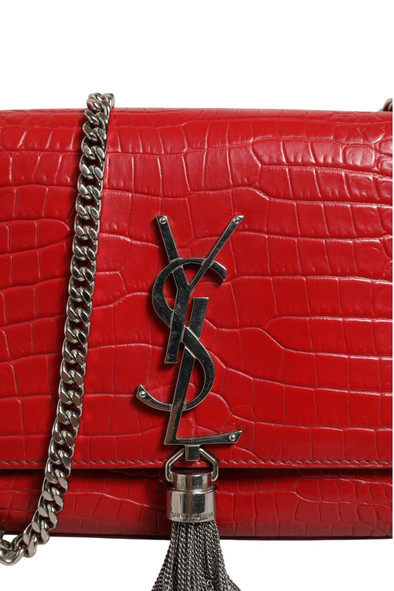 Saint Laurent Kate Tassel Chain Bag in Red Crocodile Embossed Leather | Regal Royce