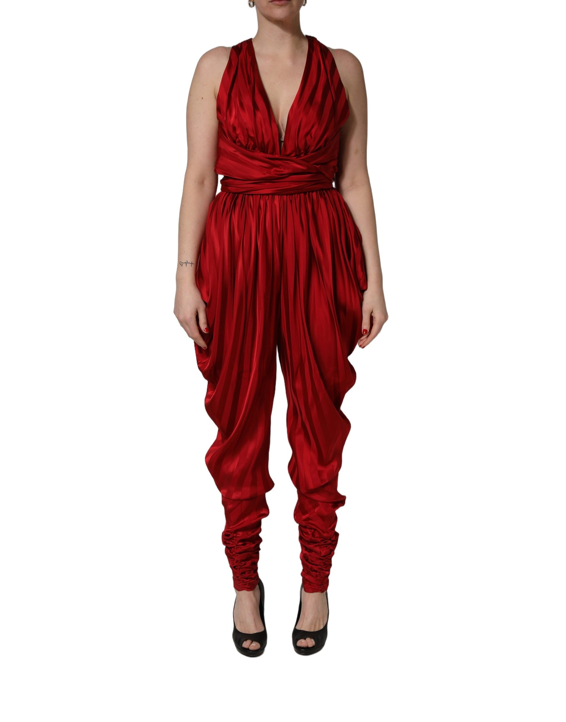 Dolce & Gabbana Red Plunging HalterNeck Draped Jumpsuit Dress | Regal Royce