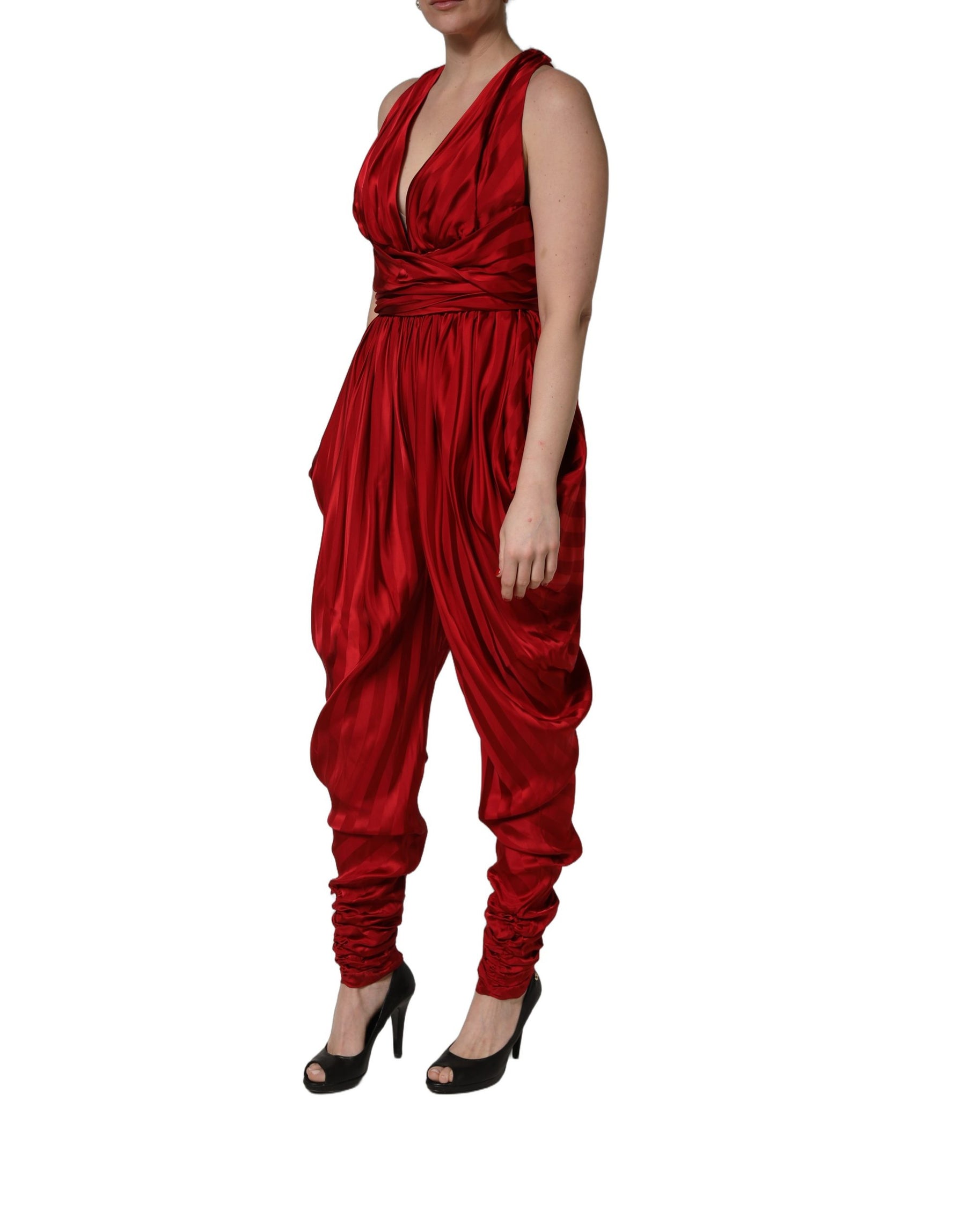 Dolce & Gabbana Red Plunging HalterNeck Draped Jumpsuit Dress | Regal Royce