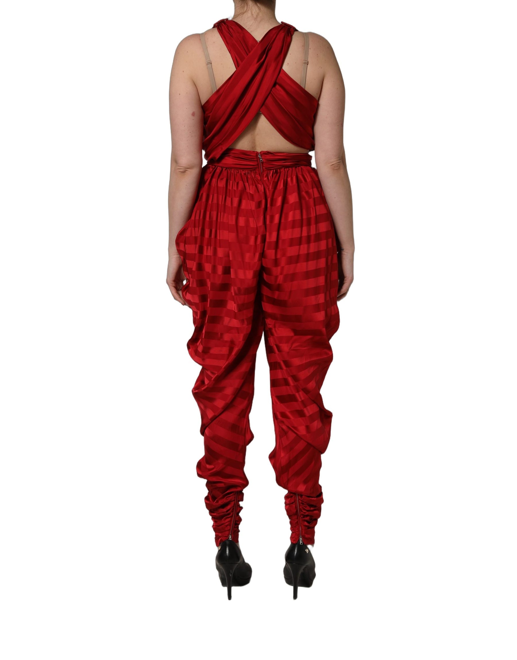 Dolce & Gabbana Red Plunging HalterNeck Draped Jumpsuit Dress | Regal Royce