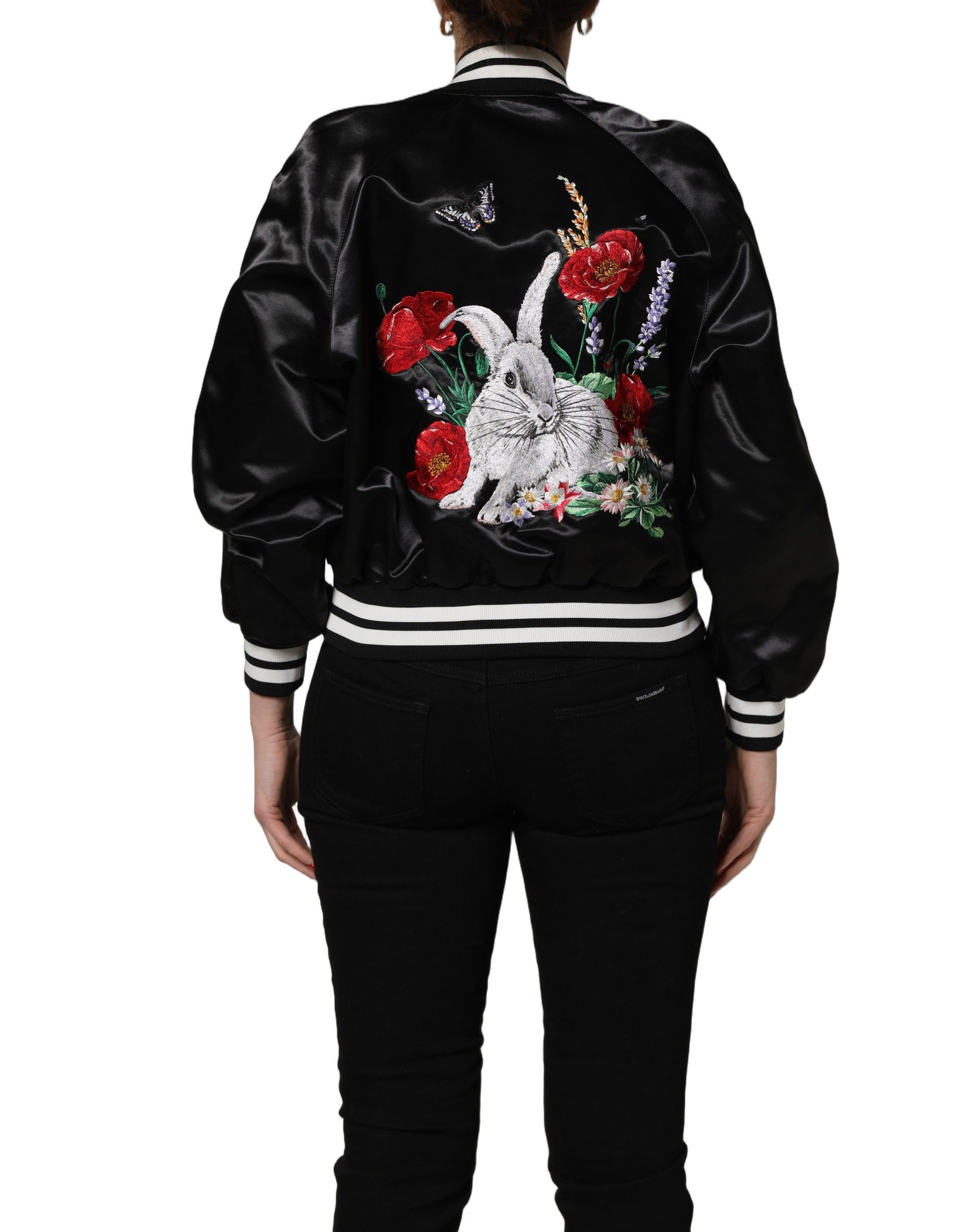 Dolce & Gabbana Black Satin Floral Embroidery Bomber Jacket | Regal Royce
