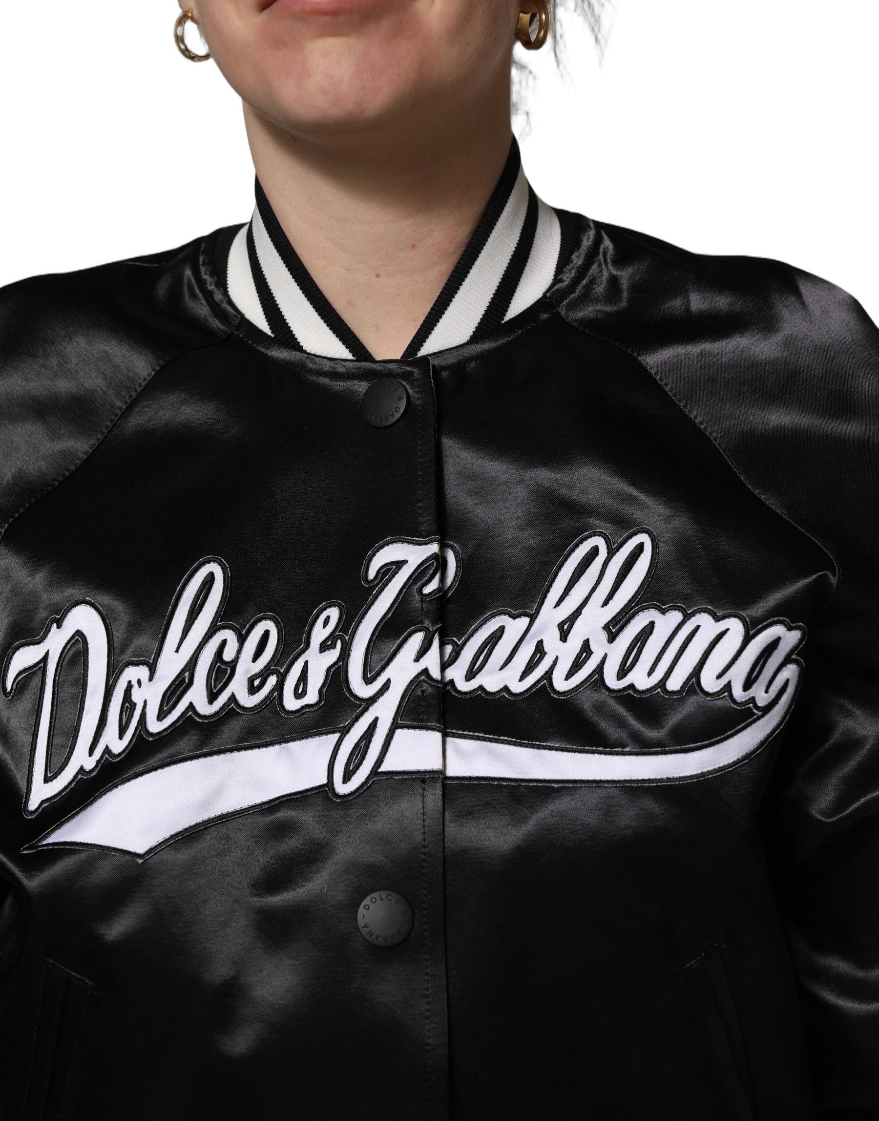 Dolce & Gabbana Black Satin Floral Embroidery Bomber Jacket | Regal Royce