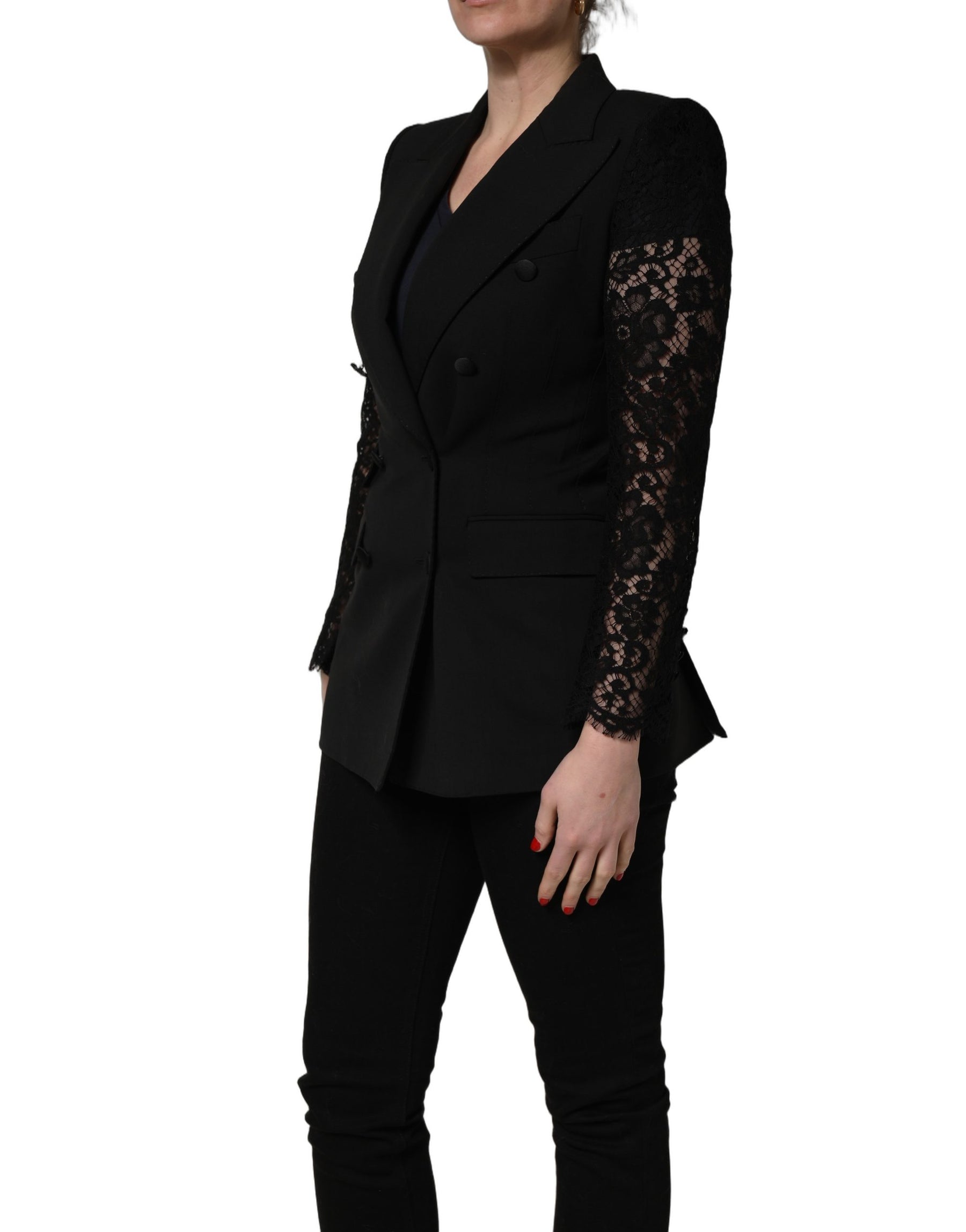 Dolce & Gabbana Black Wool DoubleBreasted Lace Sleeve Jacket | Regal Royce
