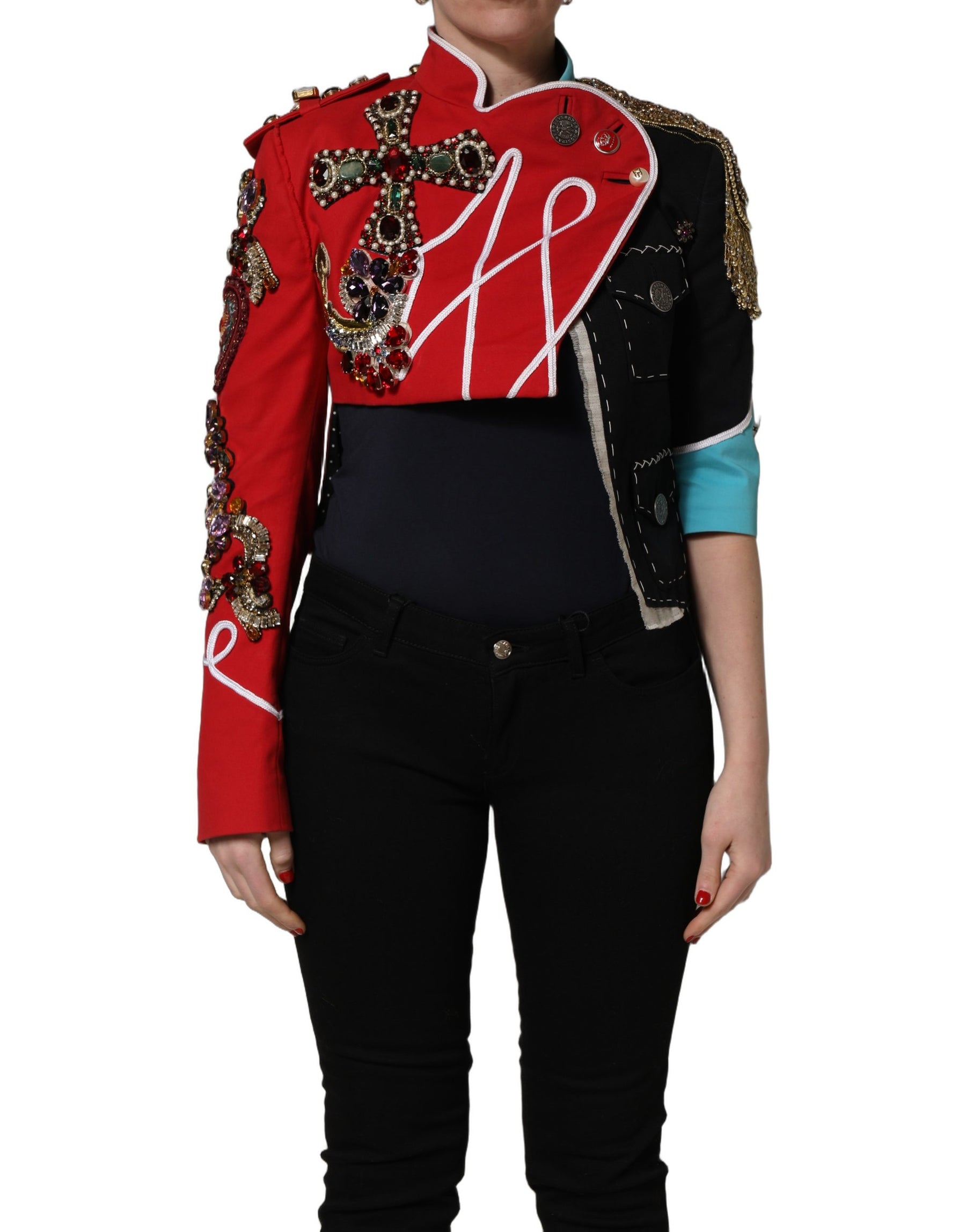 Dolce & Gabbana Multicolor Asymmetrical Ornate Jewel Cropped Jacket | Regal Royce