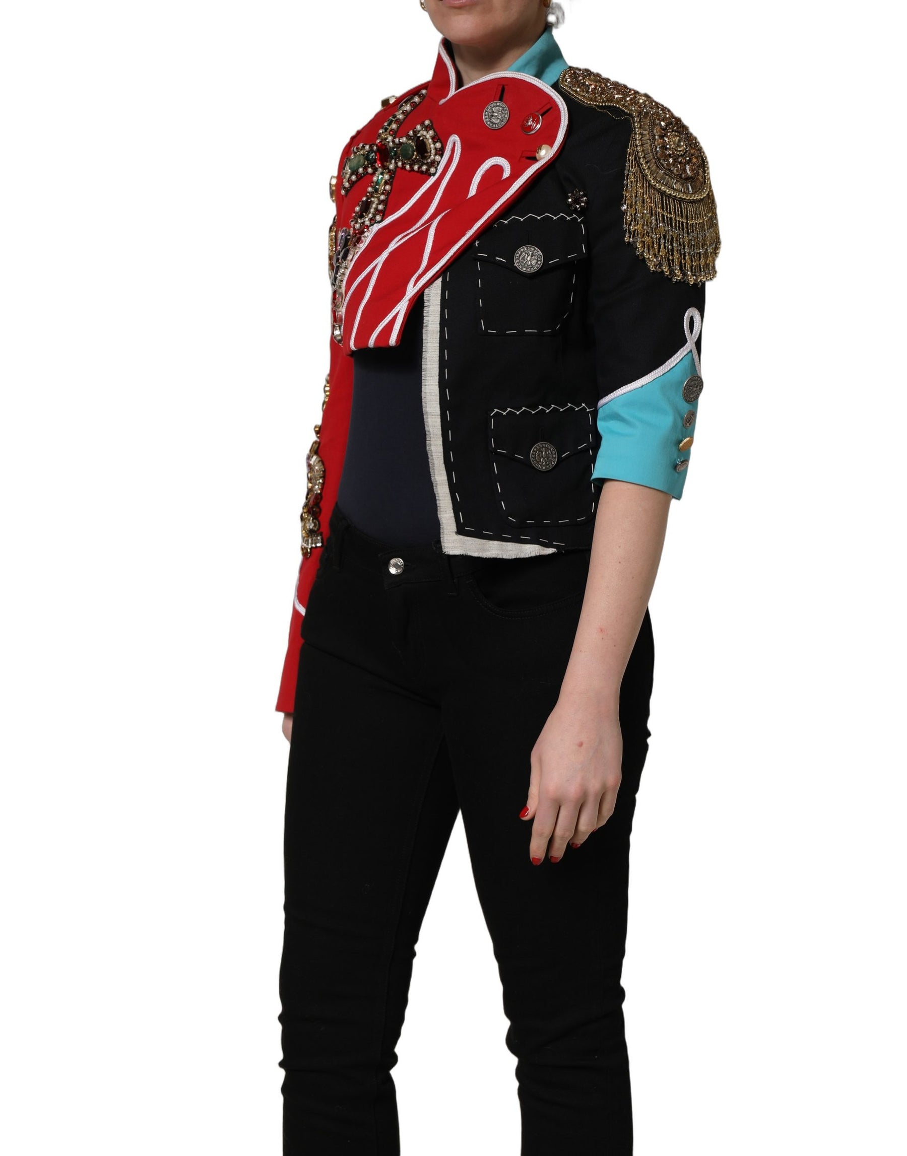 Dolce & Gabbana Multicolor Asymmetrical Ornate Jewel Cropped Jacket | Regal Royce