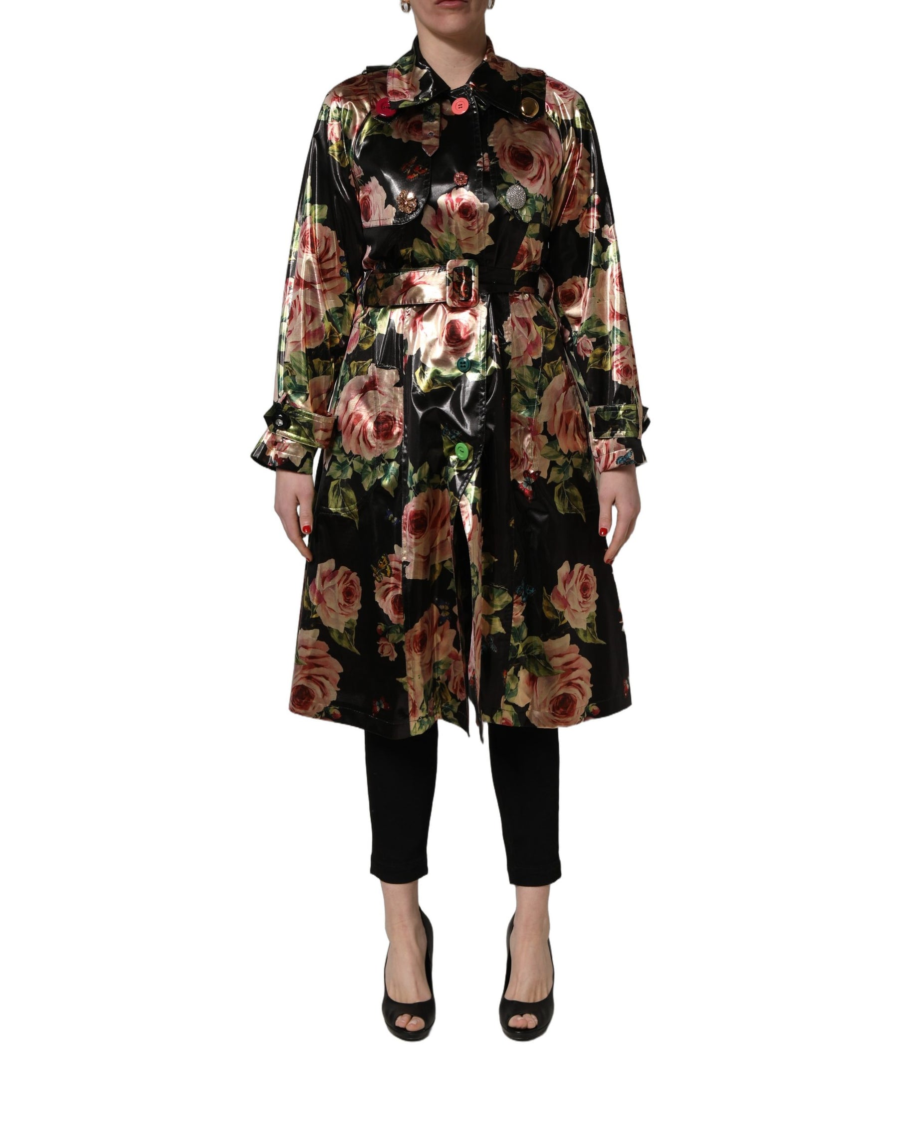 Dolce & Gabbana Black Floral Belted Polyester Trench Coat Jacket | Regal Royce