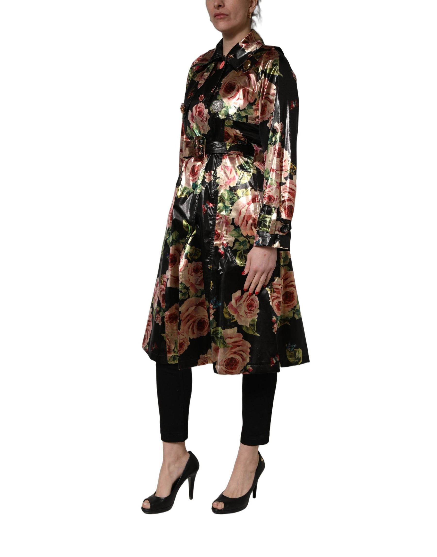 Dolce & Gabbana Black Floral Belted Polyester Trench Coat Jacket | Regal Royce