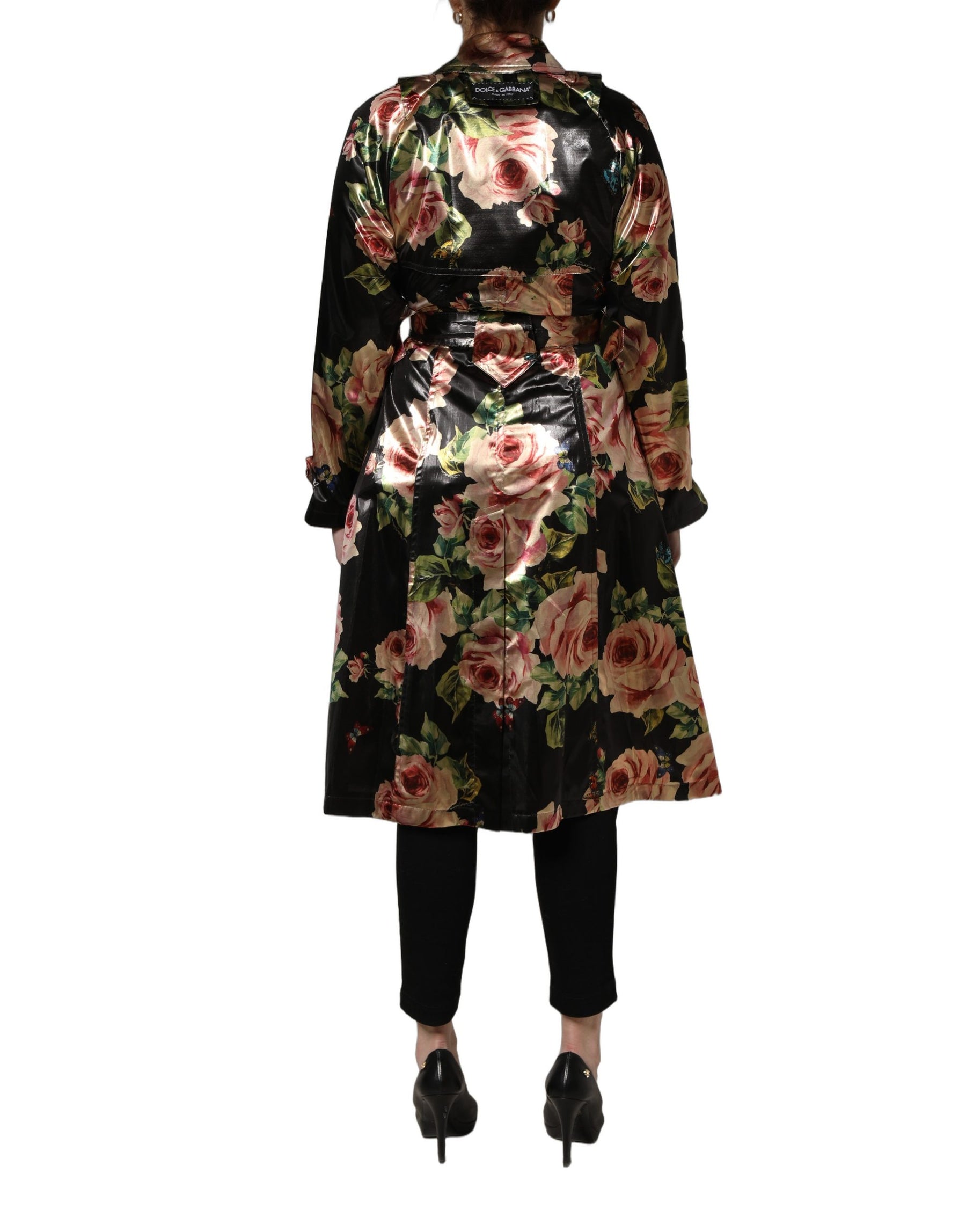 Dolce & Gabbana Black Floral Belted Polyester Trench Coat Jacket | Regal Royce