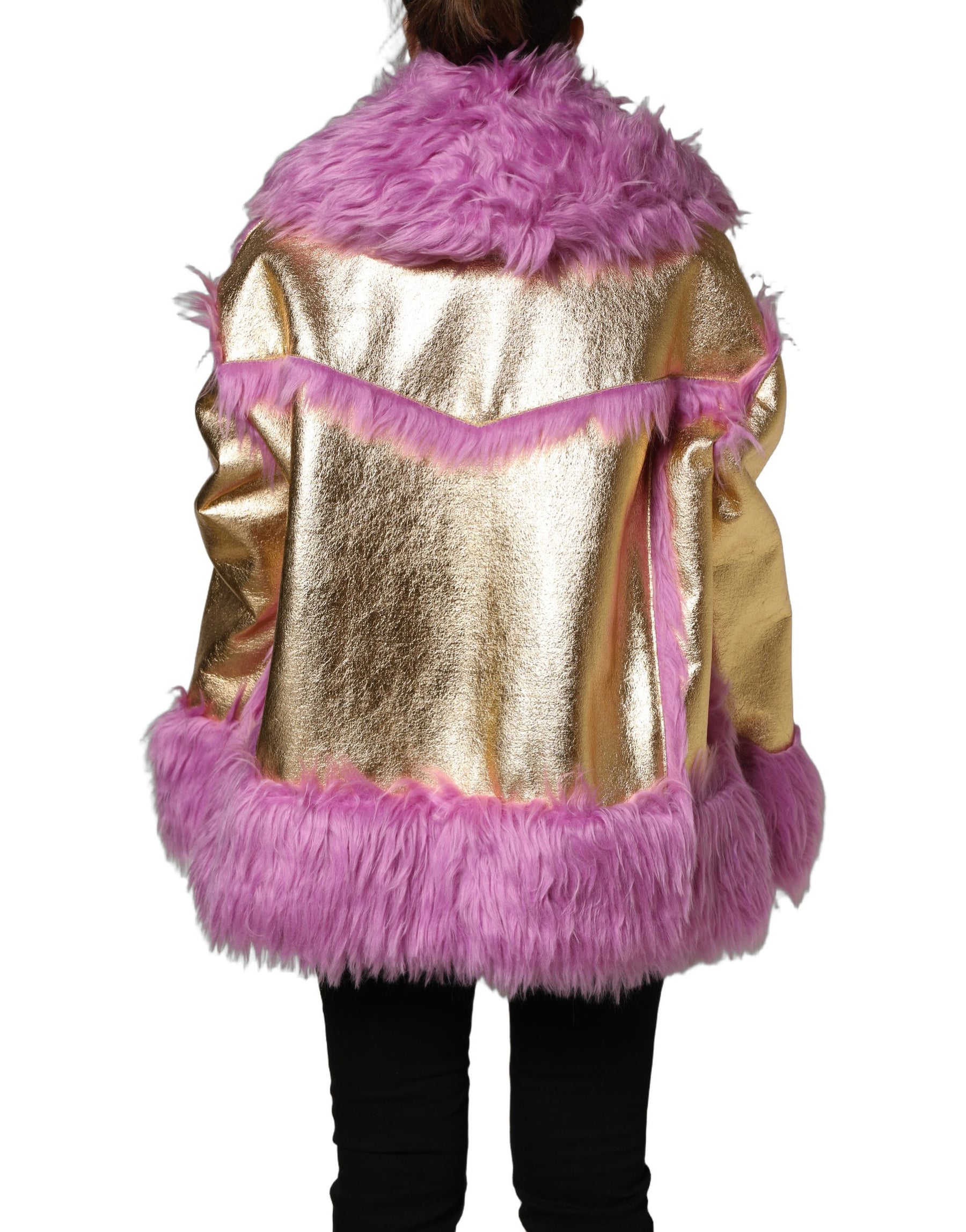 Dolce & Gabbana Pink Plush Faux Fur Gold Leather Coat Jacket | Regal Royce