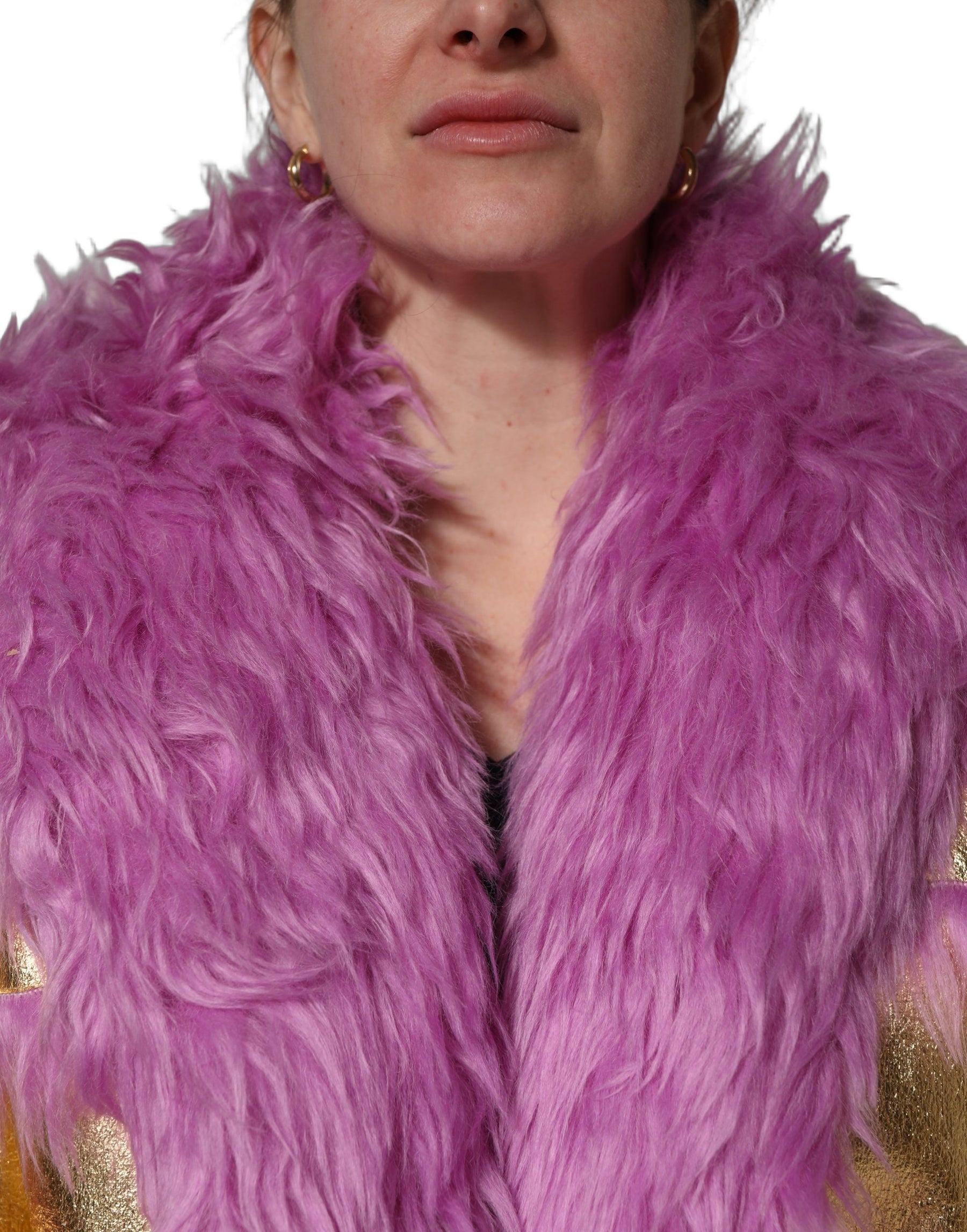 Dolce & Gabbana Pink Plush Faux Fur Gold Leather Coat Jacket | Regal Royce
