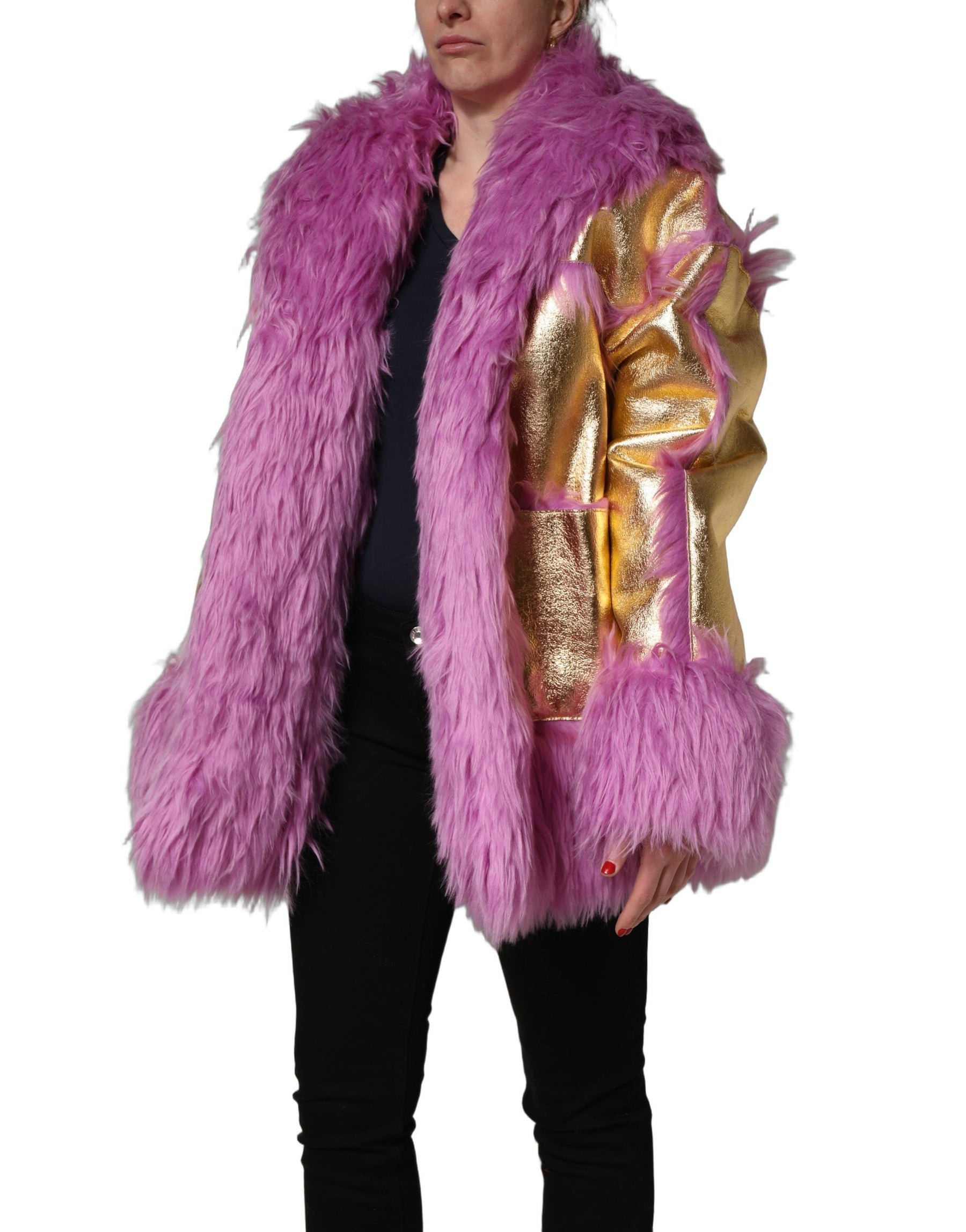 Dolce & Gabbana Pink Plush Faux Fur Gold Leather Coat Jacket | Regal Royce