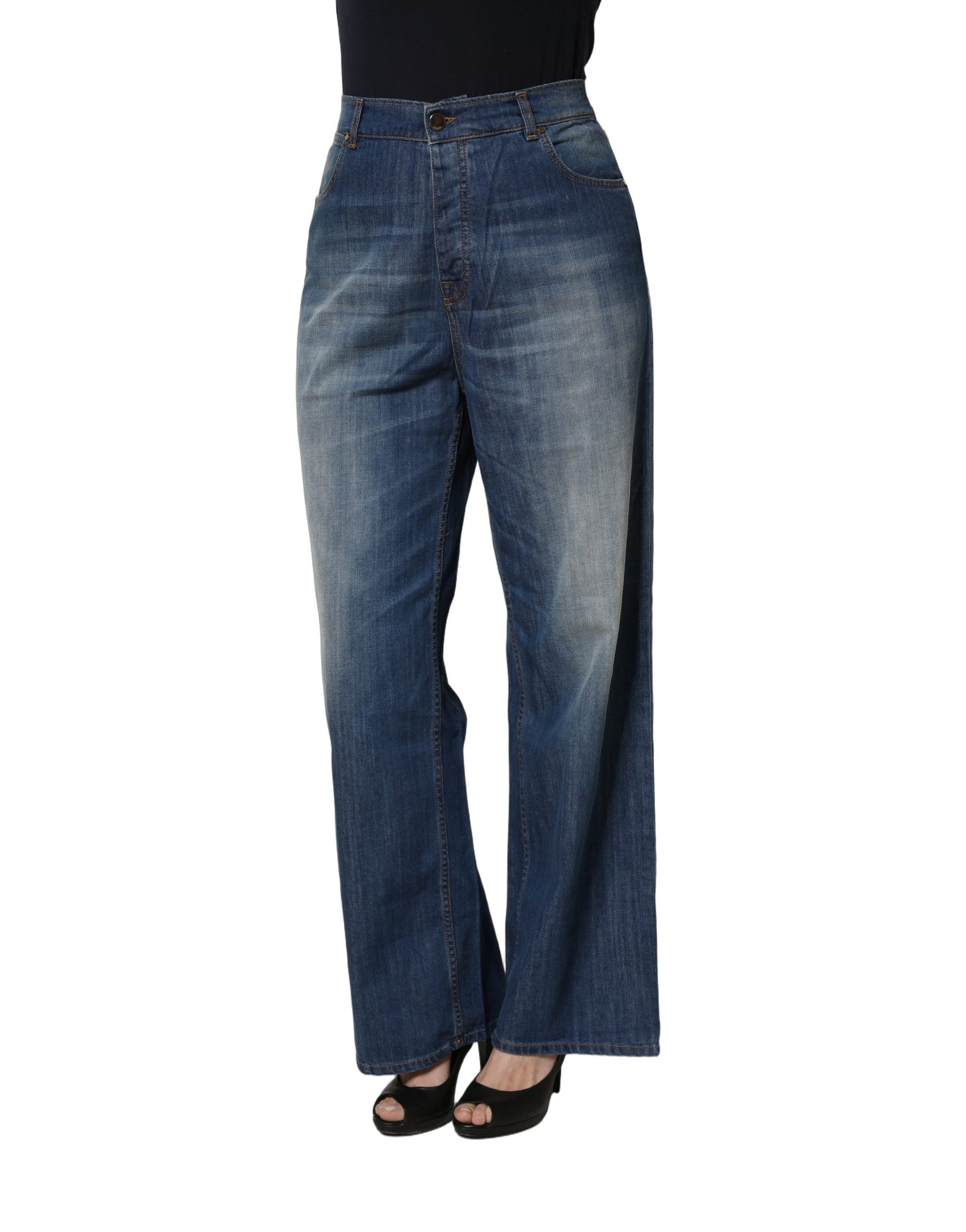 PINKO Blue Washed High Waist Wide Leg Denim Cotton Stretch Jeans | Regal Royce