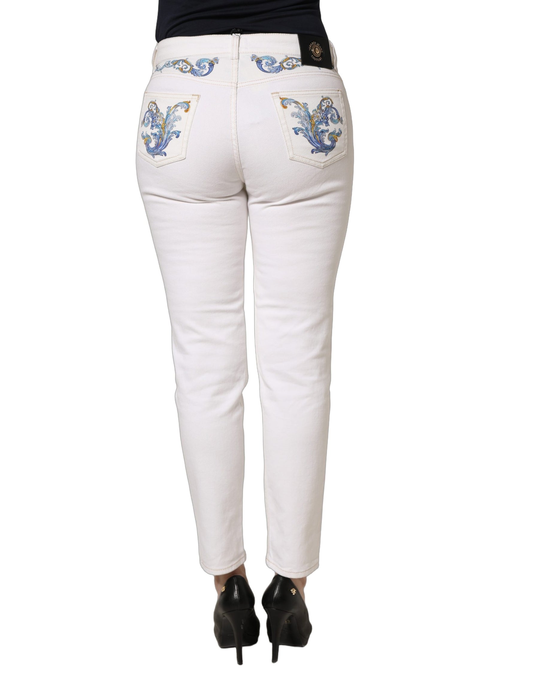 Versace Jeans Couture White Floral Print Skinny Denim Jeans | Regal Royce