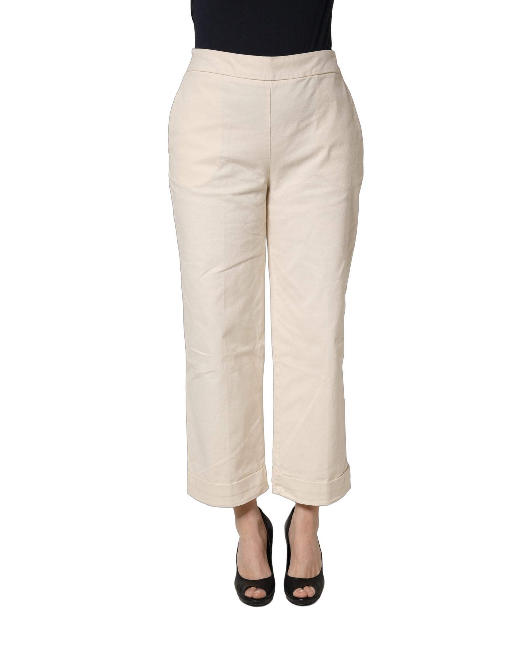 Alpha Studio Beige High Waist Straight Capri Cropped Trouser Pants | Regal Royce