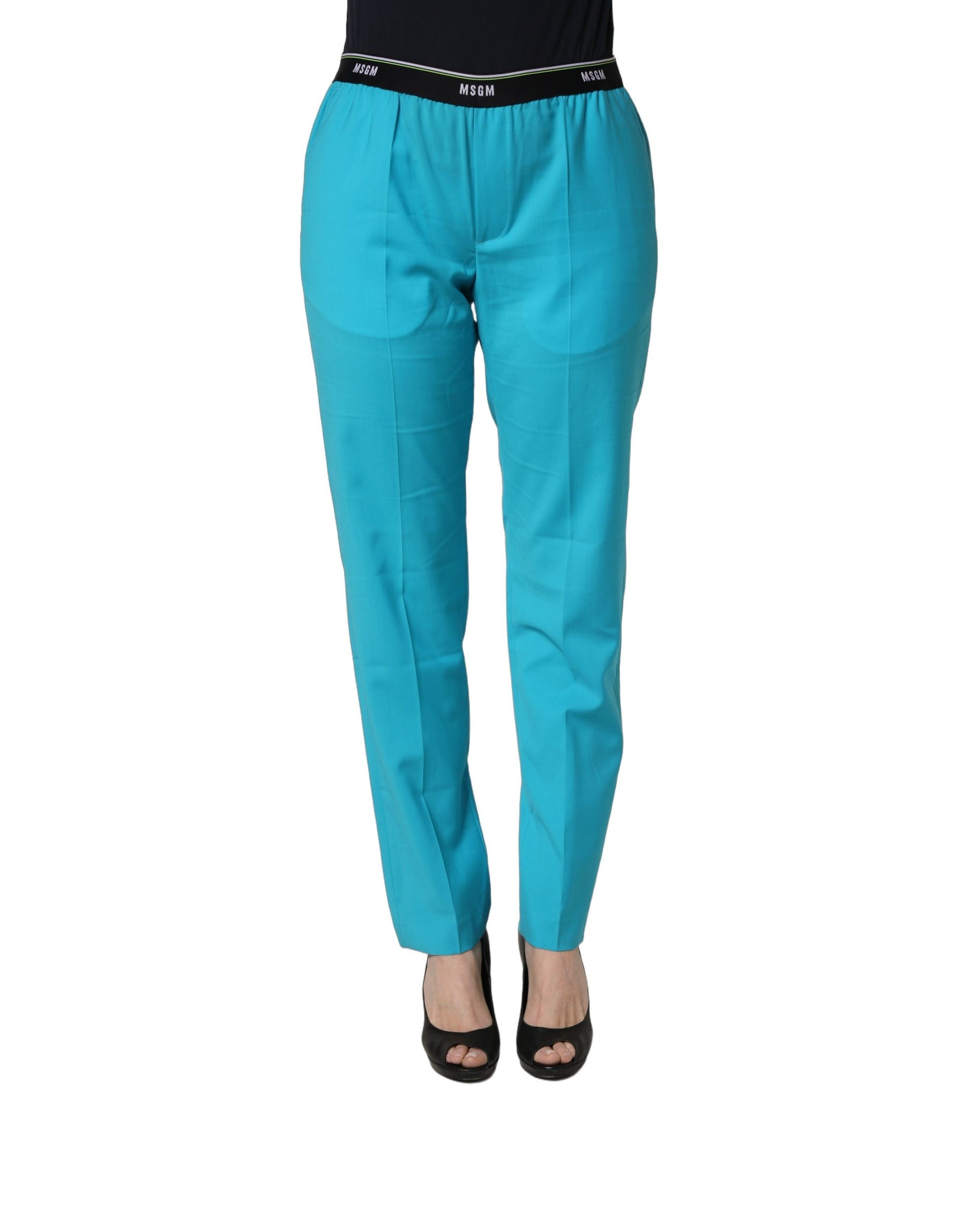 MSGM Blue Wool Mid Waist Tapered Women Trouser Pants | Regal Royce
