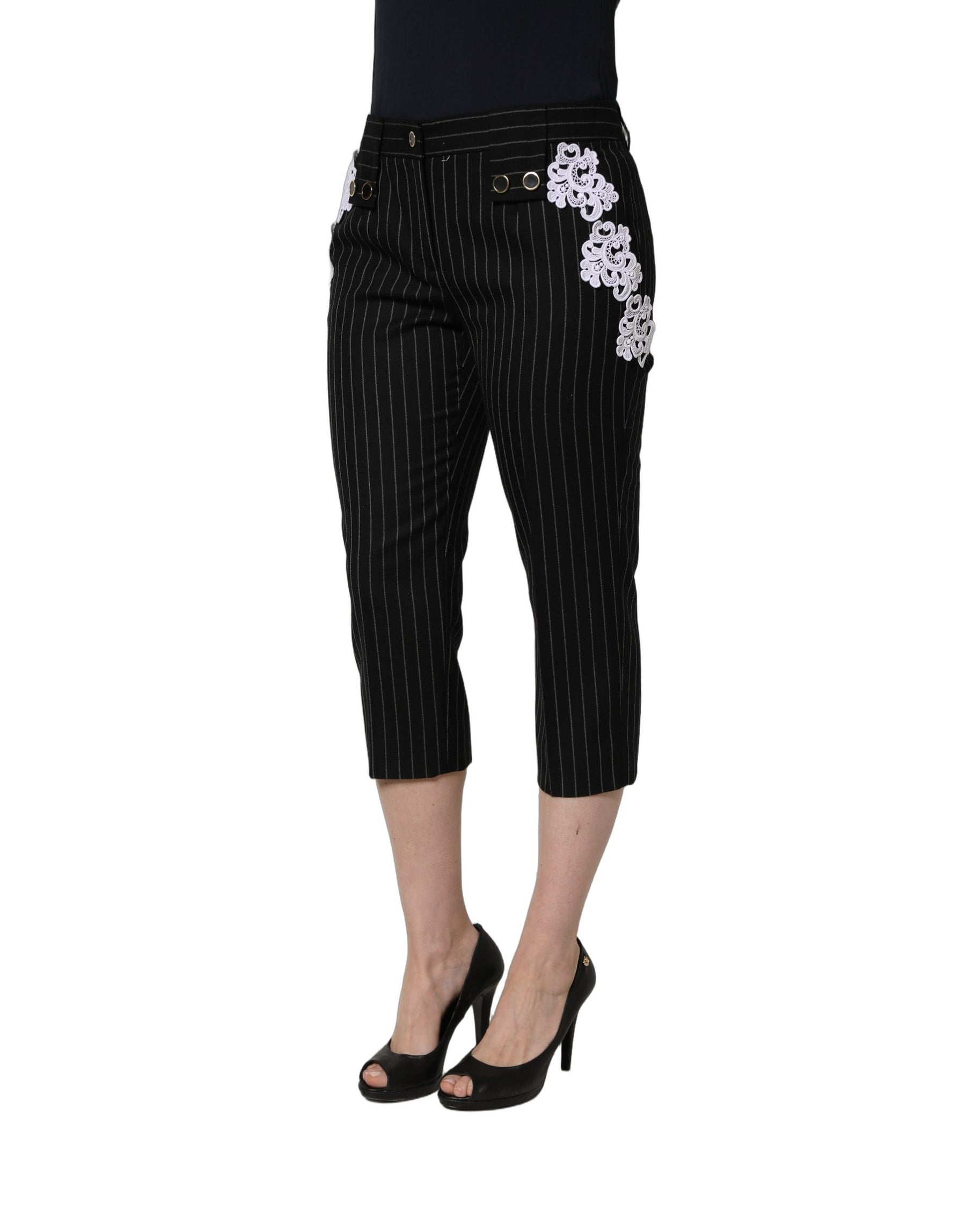 Dolce & Gabbana Black Lace Applique Pinstripe Cropped Pants | Regal Royce