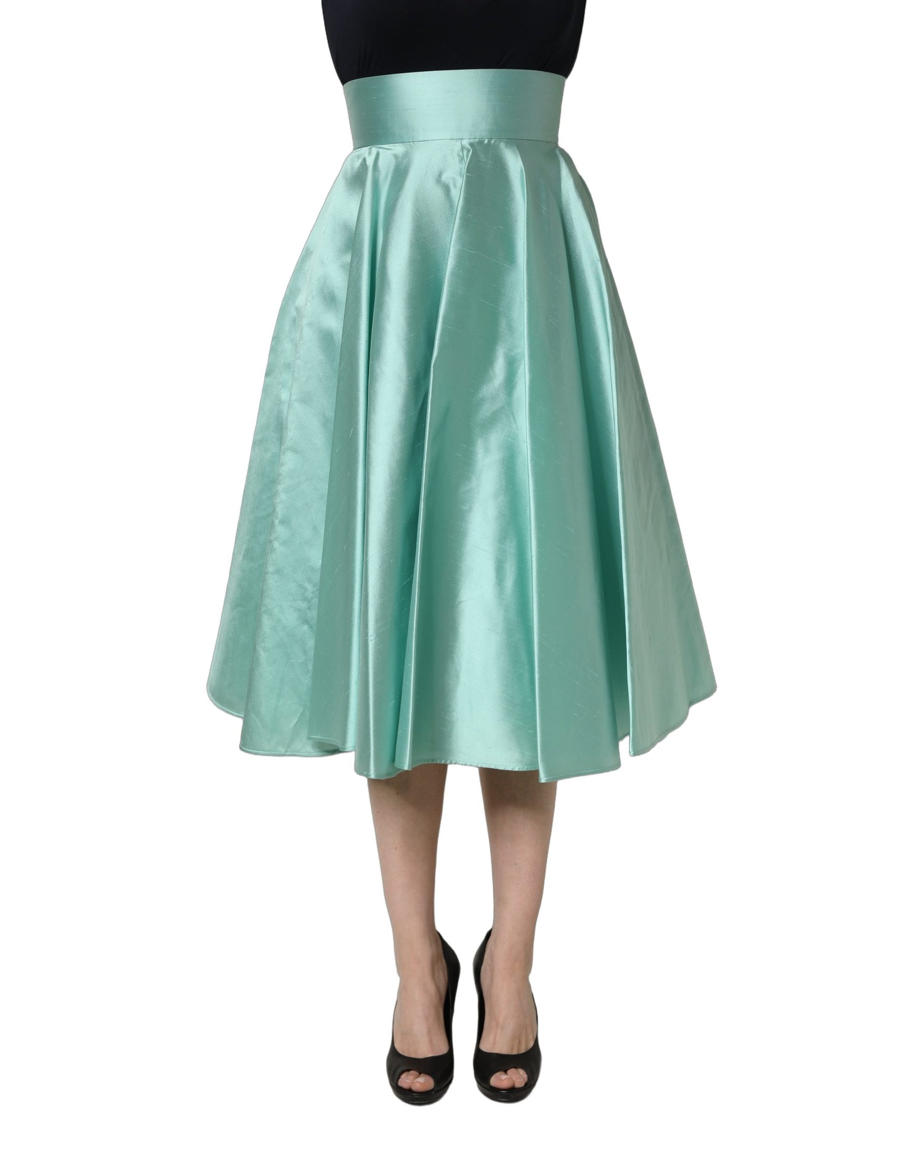 Dolce & Gabbana Green Satin High-Waisted Pleated A-line Midi Skirt | Regal Royce