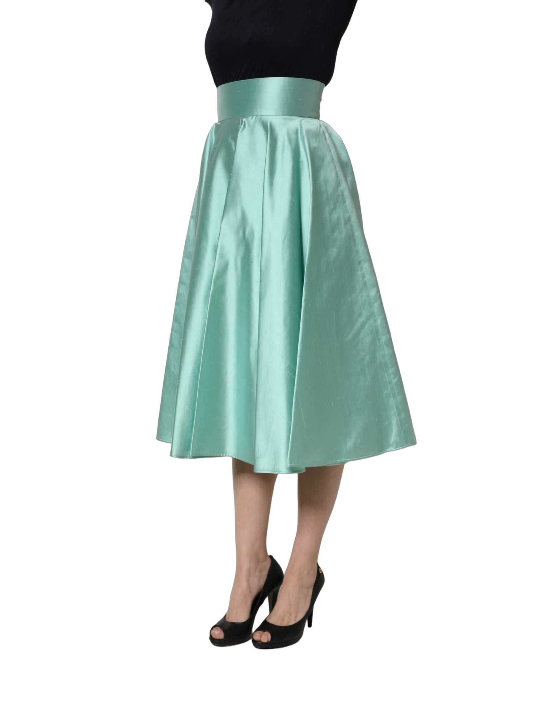 Dolce & Gabbana Green Satin High-Waisted Pleated A-line Midi Skirt | Regal Royce